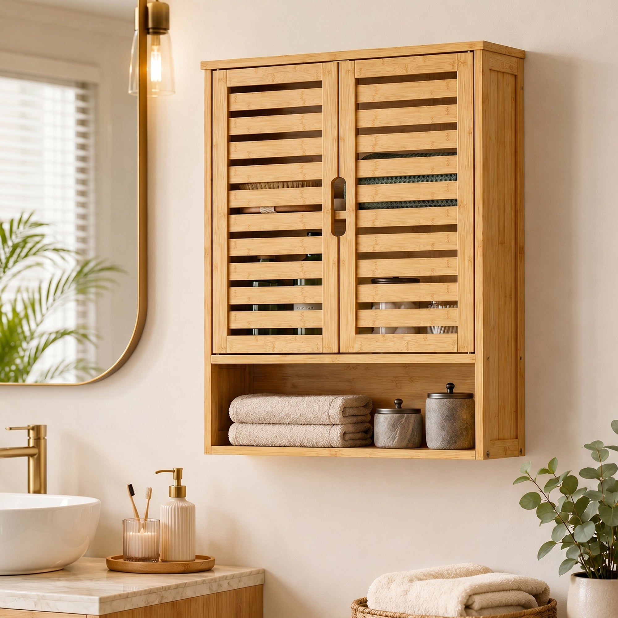 Bathroom Wall Cabinet, Wall Mounted Bathroom Cabinet with 2 Louvered Doors, Open Shelf and Adjustable Shelf Storage for Toilet, Laundry, Oak