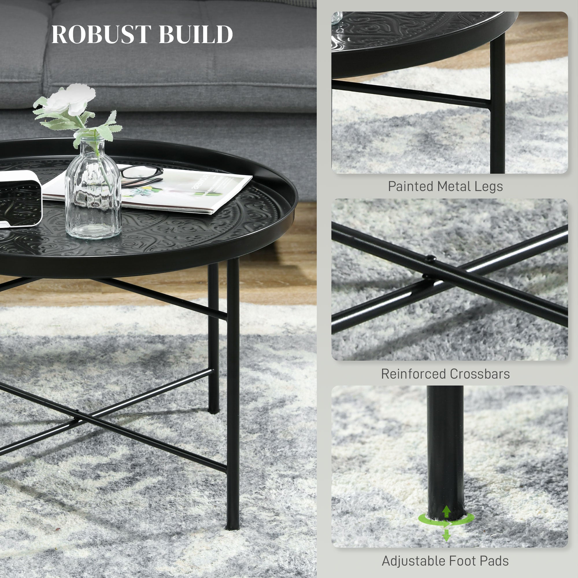 Coffee Table for Living Room, 24" Round Center Table with Hammered Tray Top and Metal Frame for Bedroom, Black