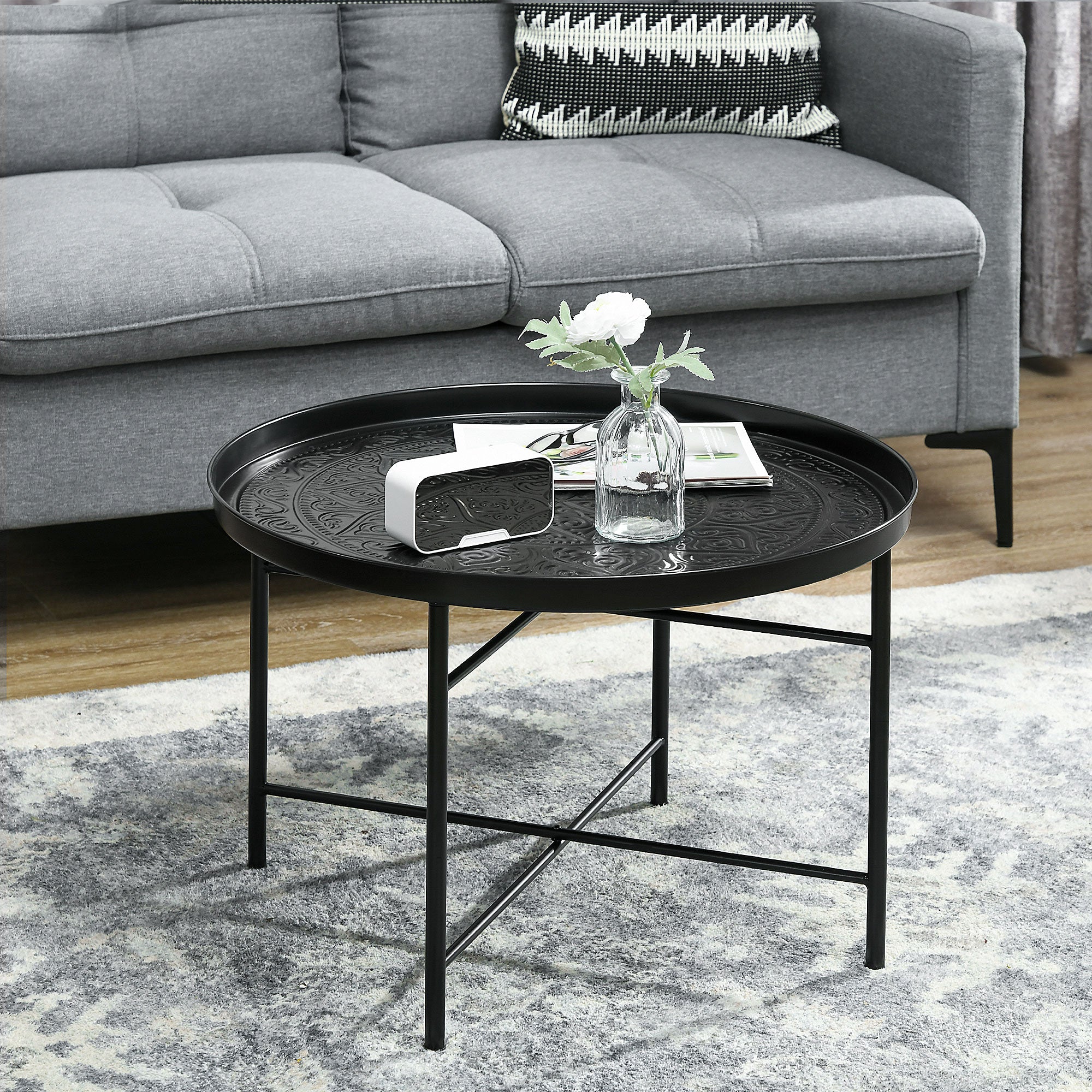 Coffee Table for Living Room, 24" Round Center Table with Hammered Tray Top and Metal Frame for Bedroom, Black