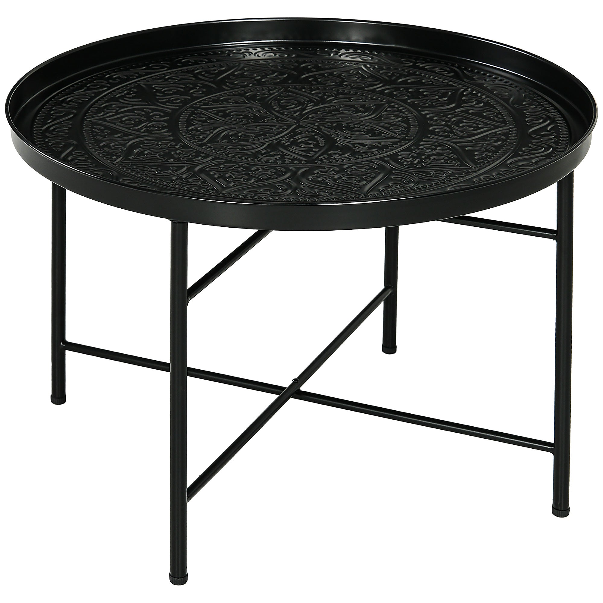 Coffee Table for Living Room, 24" Round Center Table with Hammered Tray Top and Metal Frame for Bedroom, Black