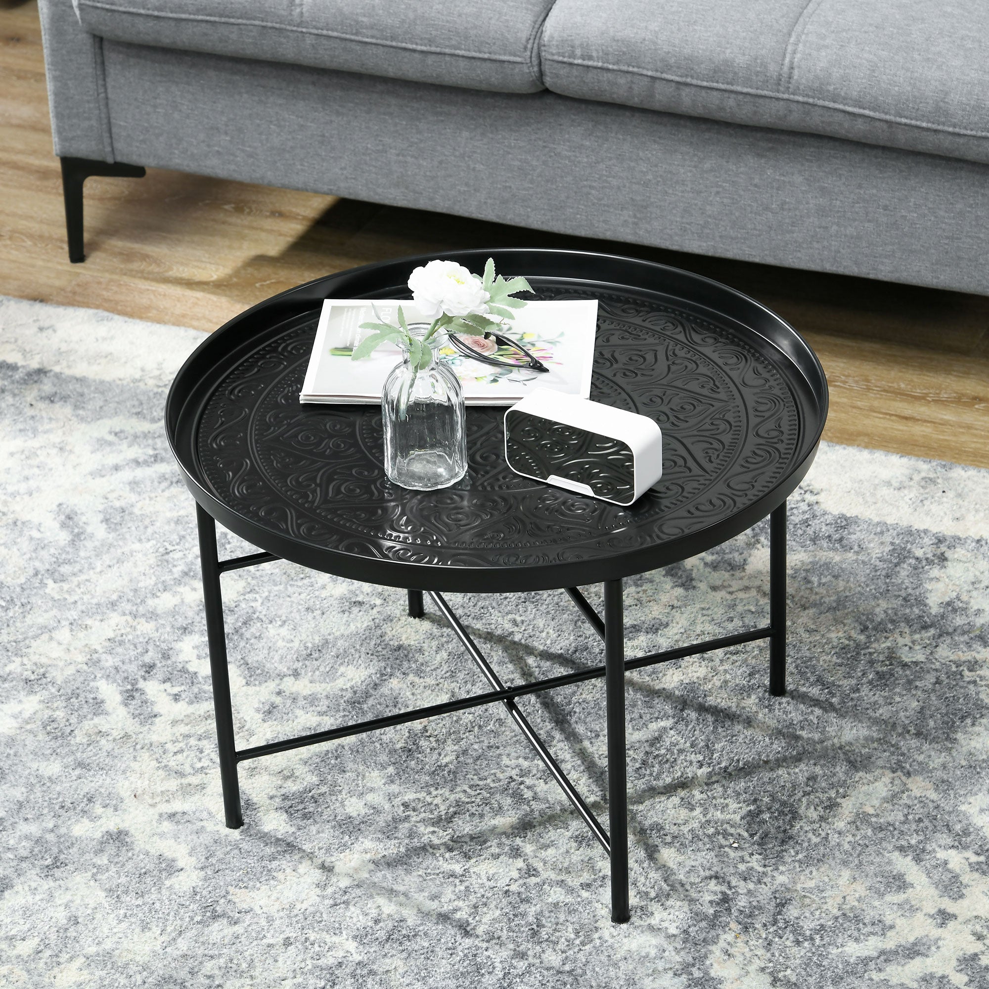 Coffee Table for Living Room, 24" Round Center Table with Hammered Tray Top and Metal Frame for Bedroom, Black