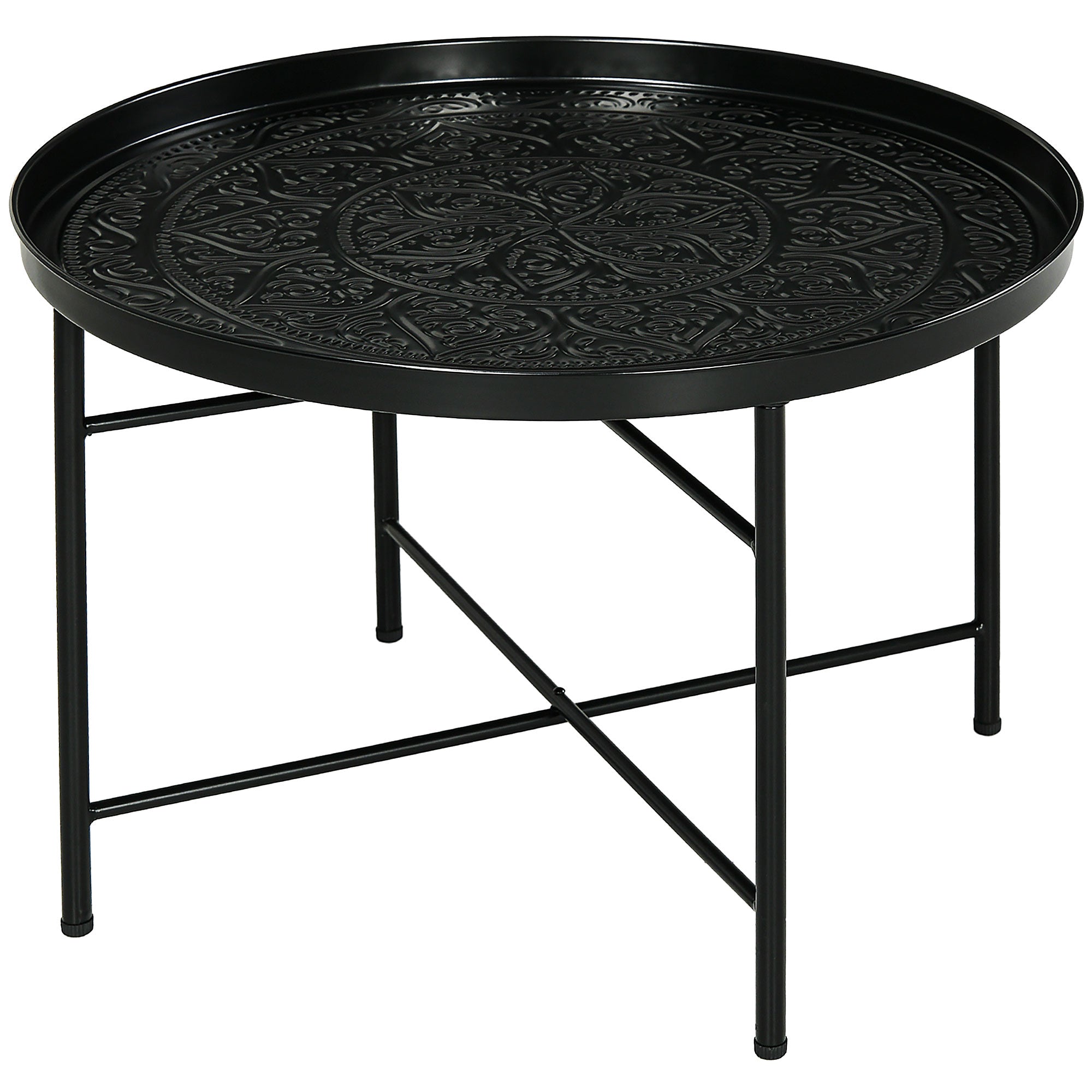 Coffee Table for Living Room, 24" Round Center Table with Hammered Tray Top and Metal Frame for Bedroom, Black