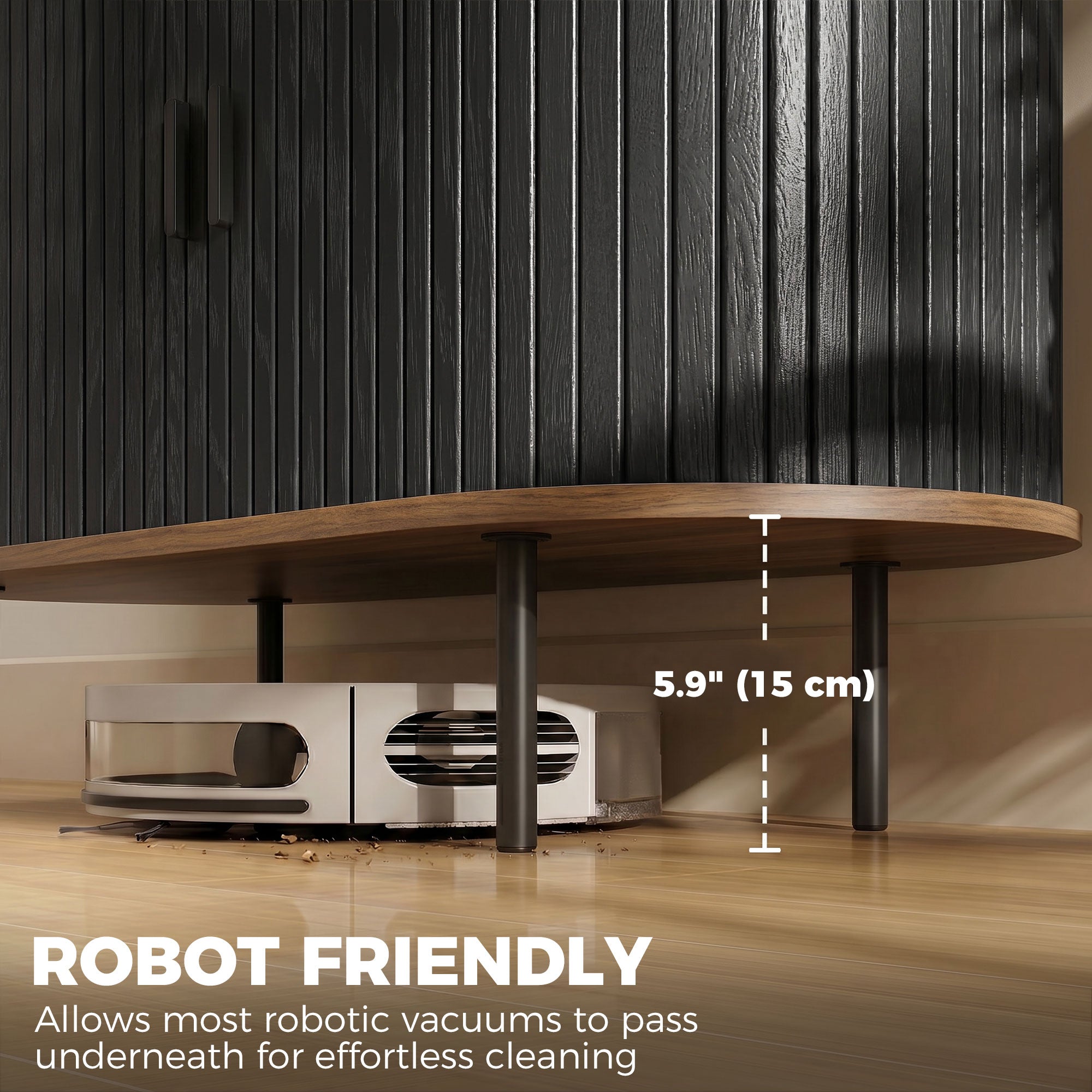 Sideboard Buffet Cabinet with Curved Tambour Doors, 39.4" Farmhouse Coffee Bar Cabinet with Shelves and Side Slots, Brown Wood Grain and Black