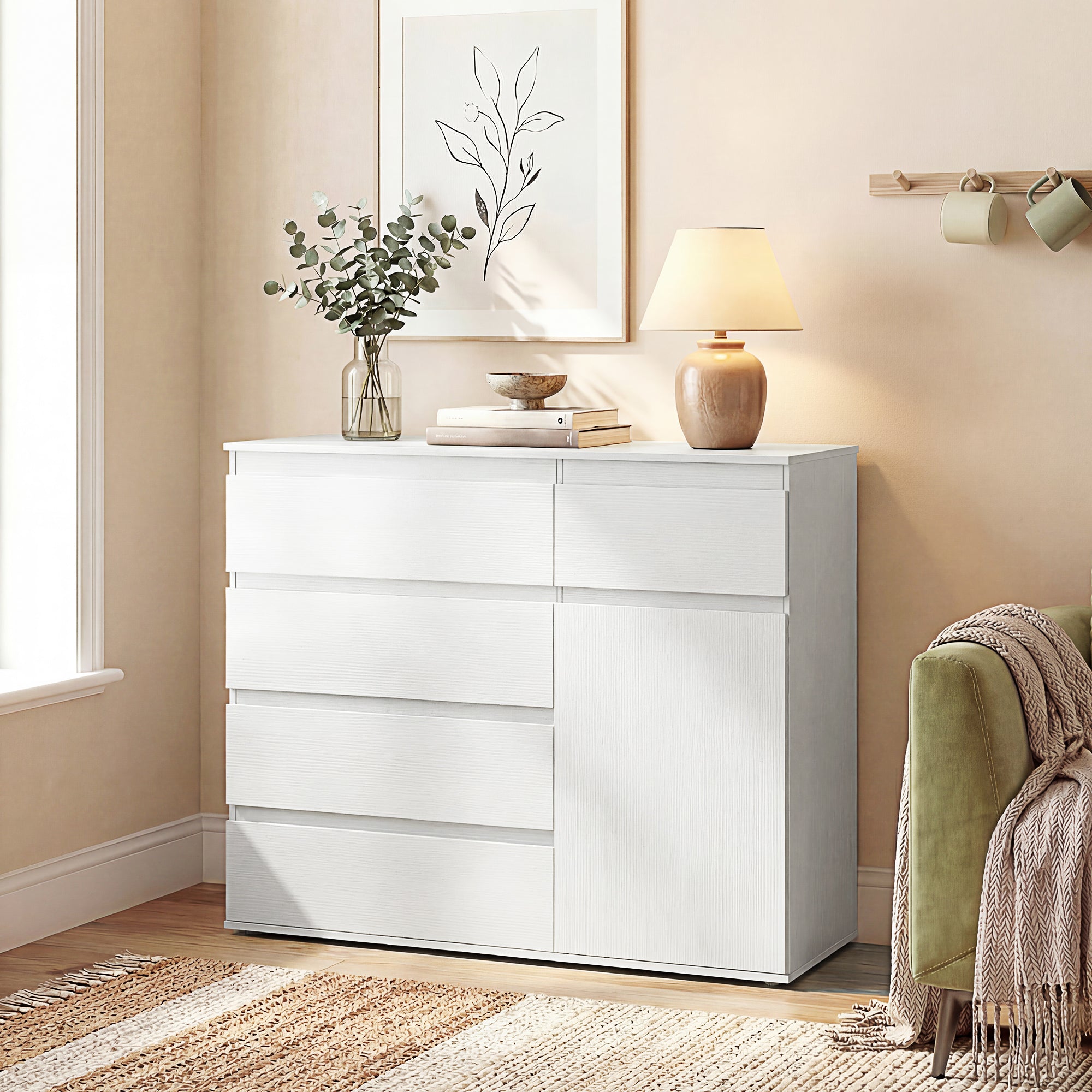 Modern Sideboard, Sideboard Storage Cabinet with 5 Drawers, Adjustable Shelf, Soft-Close Door, Storage Cupboard for Dining Room, Kitchen, Living Room, White