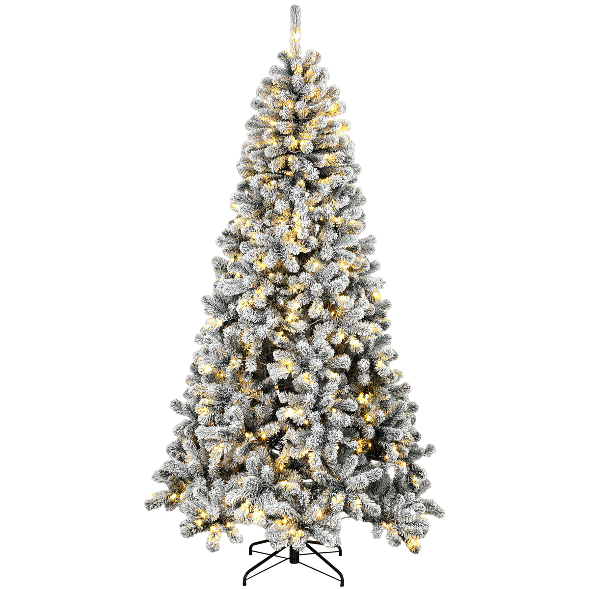 6ft Flocked Prelit Christmas Tree, Northern Pine, Artificial Xmas Tree with 706 Curved Tips, 250 LEDs, Foldable Steel Base, Green White