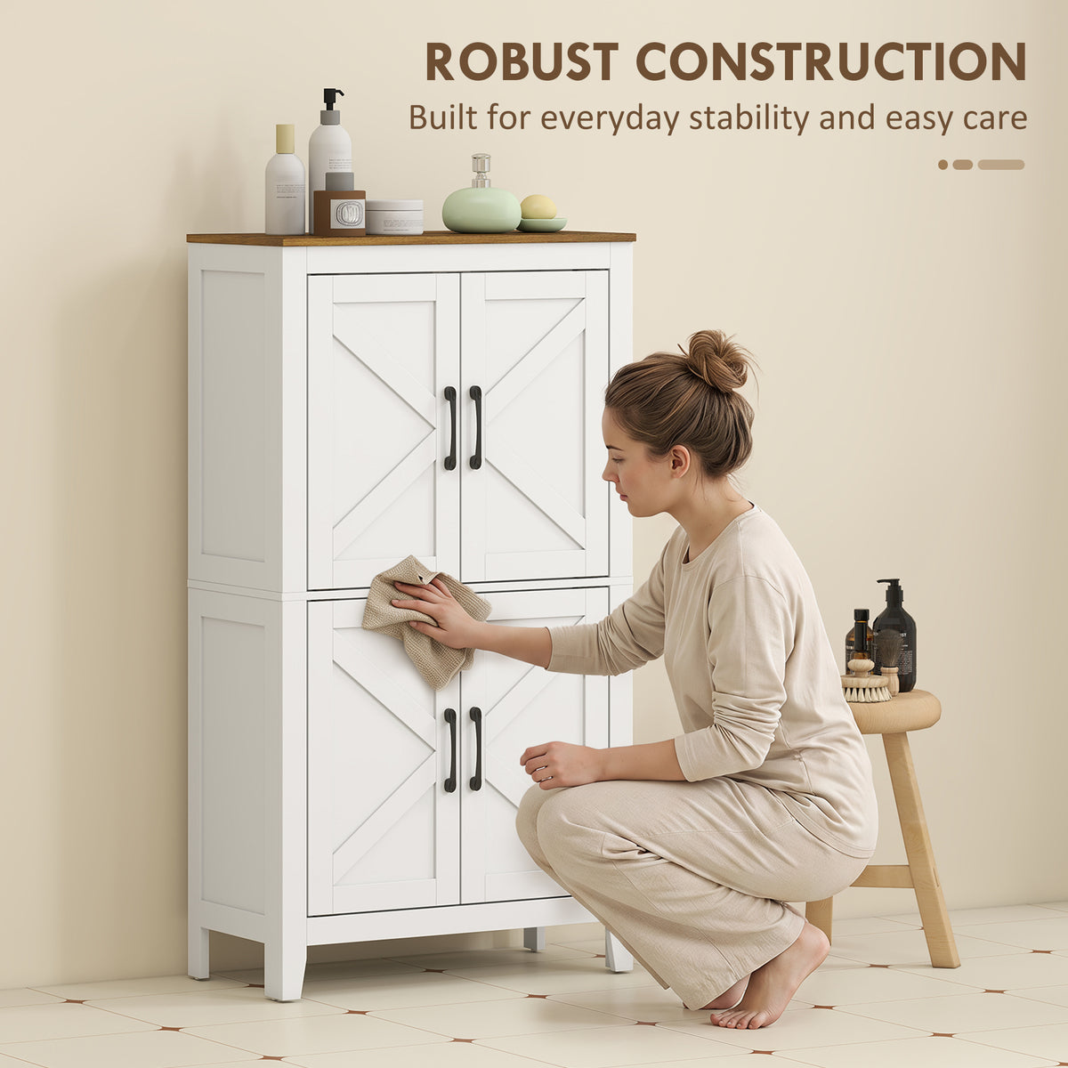 Bathroom Floor Cabinet, Farmhouse Freestanding Bathroom Storage Cabinet with Barn Doors and Adjustable Shelves, White