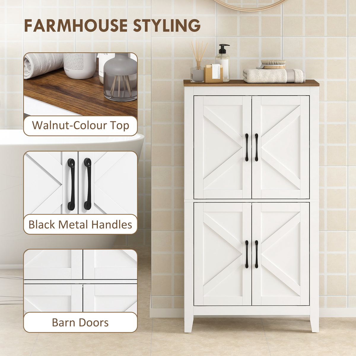 Bathroom Floor Cabinet, Farmhouse Freestanding Bathroom Storage Cabinet with Barn Doors and Adjustable Shelves, White