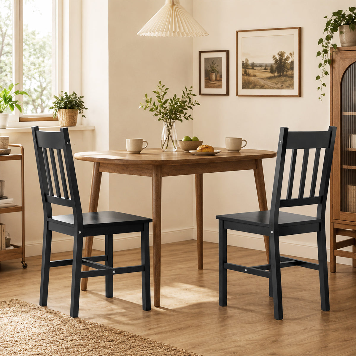 Dining Chairs Set of 2, Kitchen Chair with Slat Back, Pine Wood Structure for Living Room and Dining Room, Black