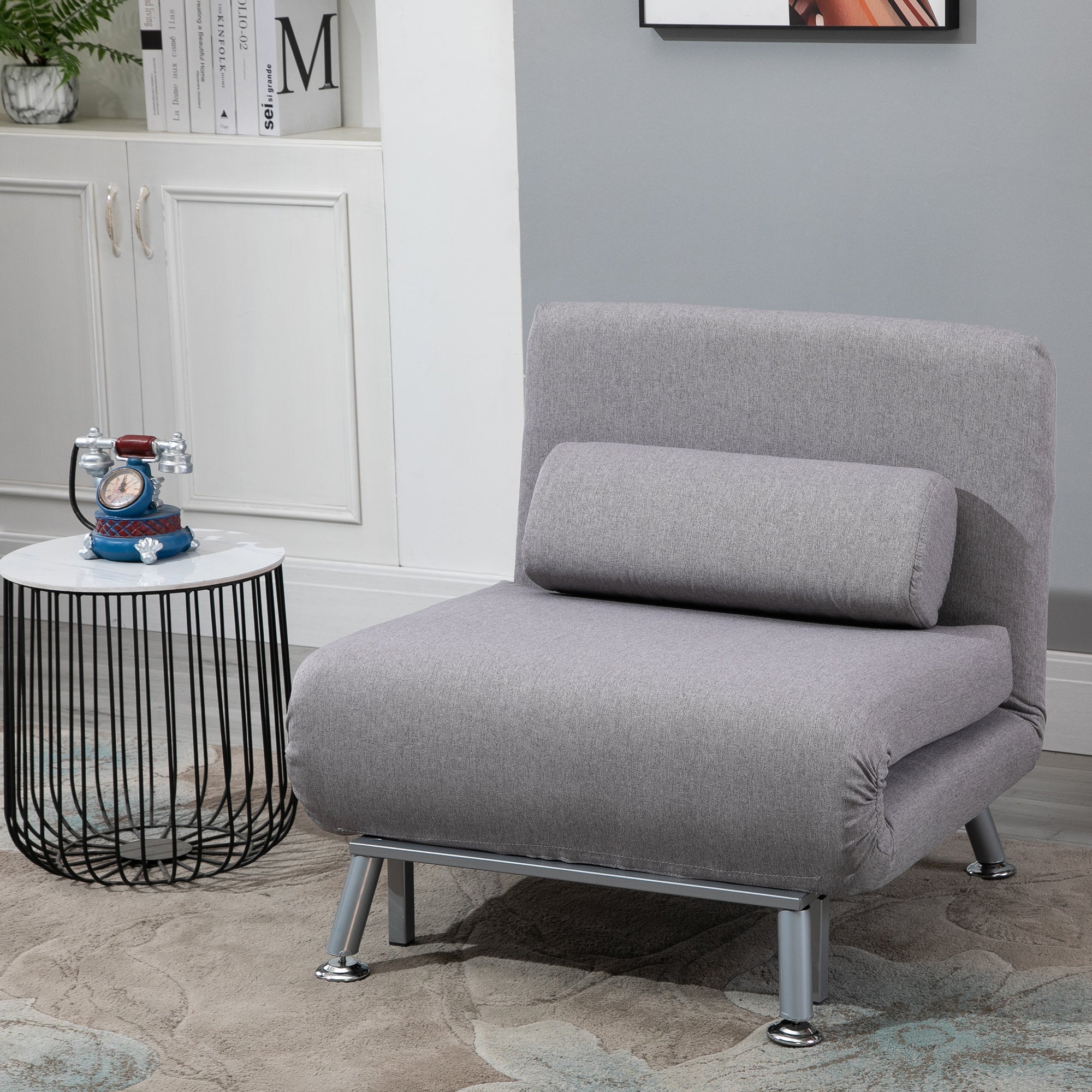 HOMCOM Linen Single Chair Bed, 3-in-1 Convertible Sleeper Chair with Adjustable Backrest, Pillow, for Living Room, Bedroom, Grey