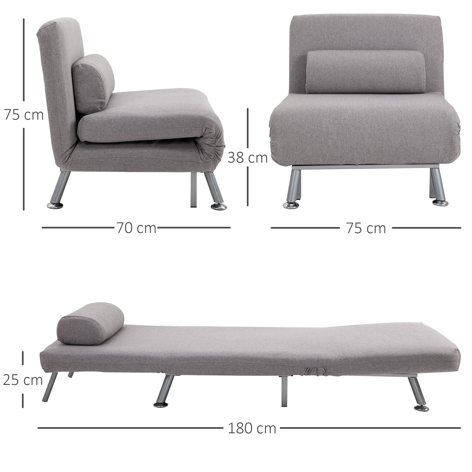 HOMCOM Linen Single Chair Bed, 3-in-1 Convertible Sleeper Chair with Adjustable Backrest, Pillow, for Living Room, Bedroom, Grey