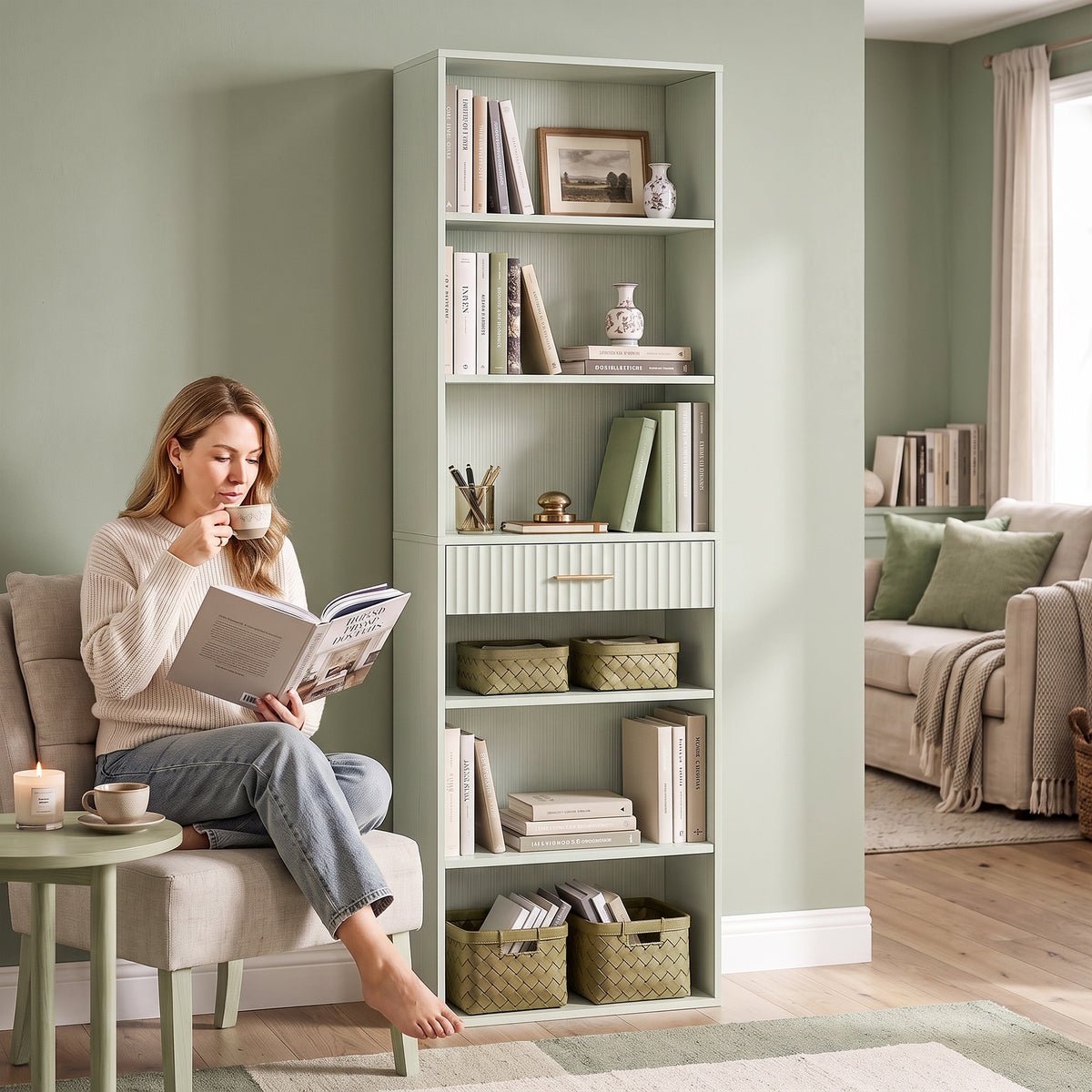 Tall Bookcase with Cubes, 7-Tier Bookshelf with Drawer, Freestanding Shelving Unit, 60 x 24 x 182 cm, Space-Saving for Study, Home Office, Living Room, Light Green