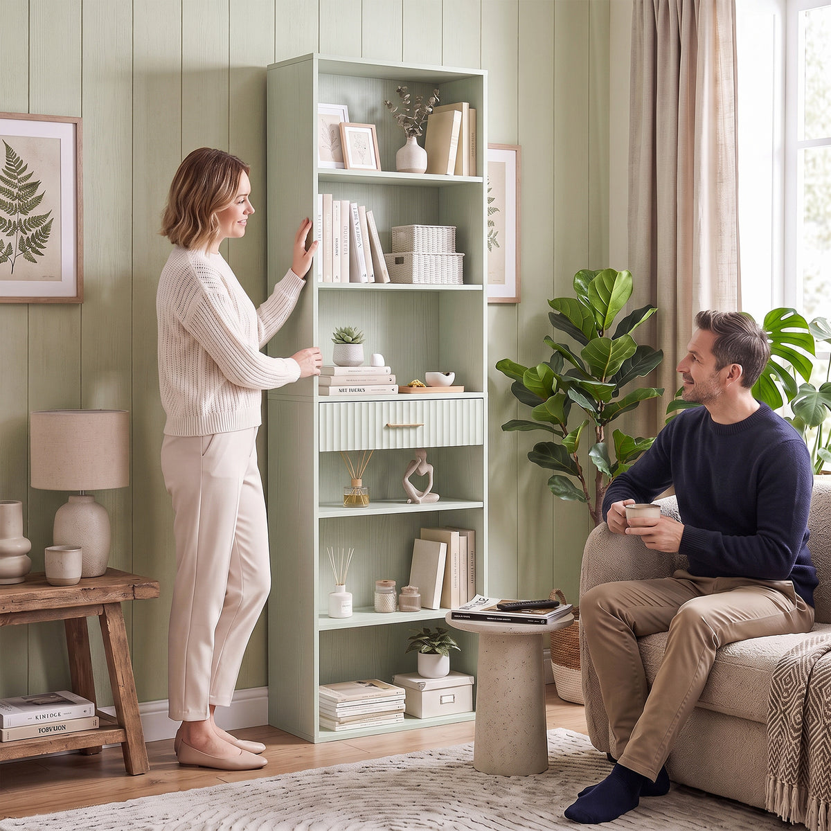 Tall Bookcase with Cubes, 7-Tier Bookshelf with Drawer, Freestanding Shelving Unit, 60 x 24 x 182 cm, Space-Saving for Study, Home Office, Living Room, Light Green