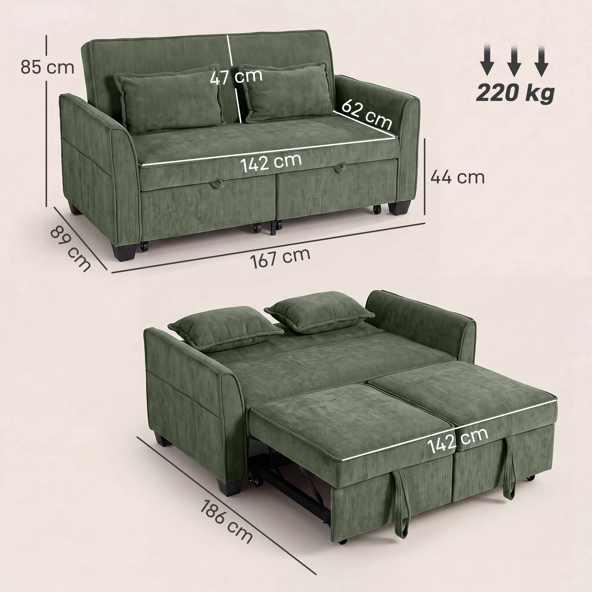 2 Seater Sofa Bed, 4-in-1 L Shaped Convertible Pull Out Sleeper Sofa with Adjustable Backrest, Chenille Loveseat with 2 Pillows, Wide Deep Seat, Side Pockets for Living Room, Dark Green