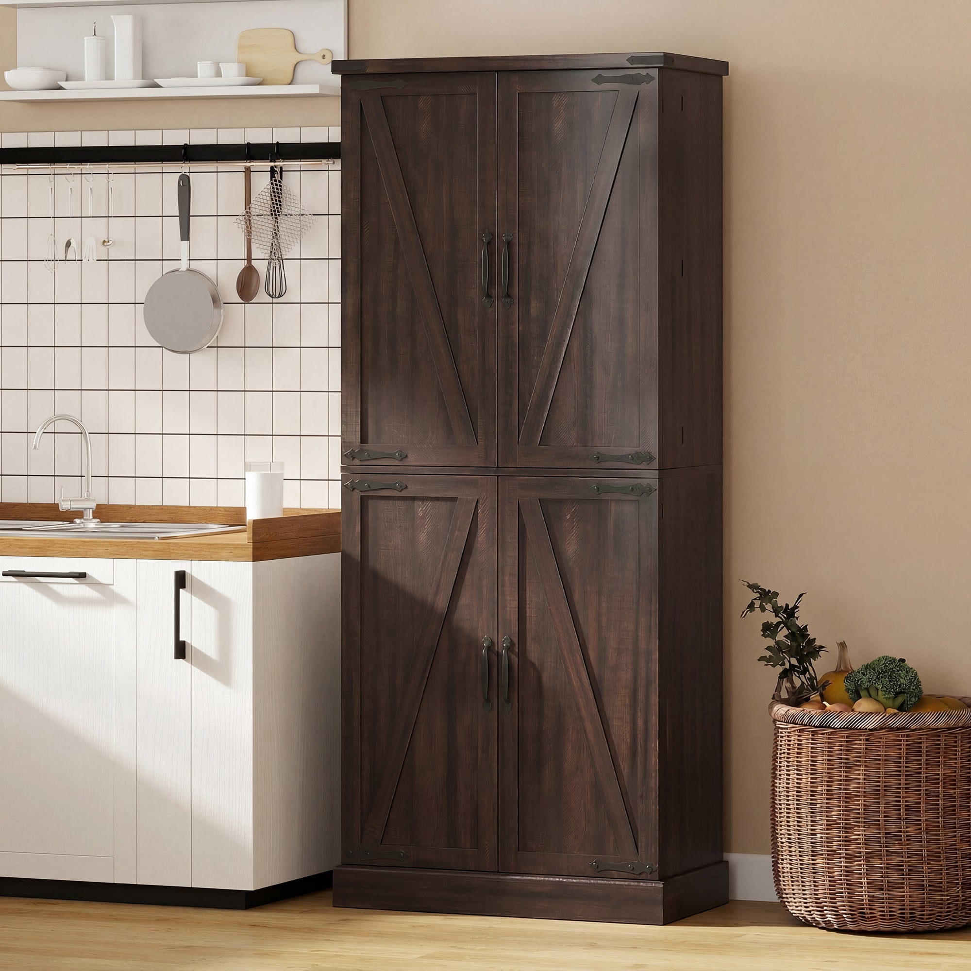 72" Tall Kitchen Pantry Cabinet, Farmhouse Storage Cabinet with 8 Door Racks and Drawer, Freestanding Food Pantry with Adjustable Shelves and Barn Doors, Distressed Brown