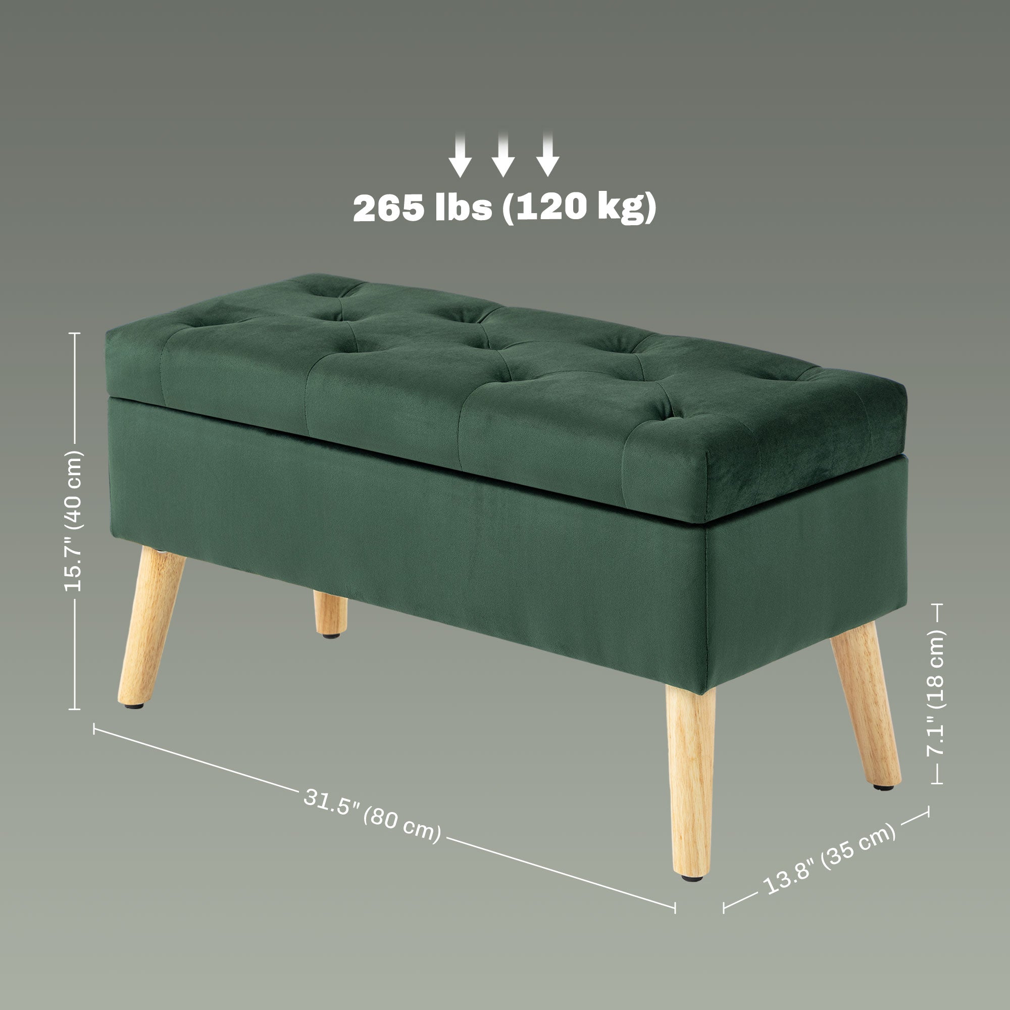 HOMCOM Storage Ottoman with Lid, Velvet Upholstered Storage Bench, Foot Stool with Wood Legs for Living Room, Bedroom, Entryway, 31.5" x 13.8" x 15.7", Dark Green