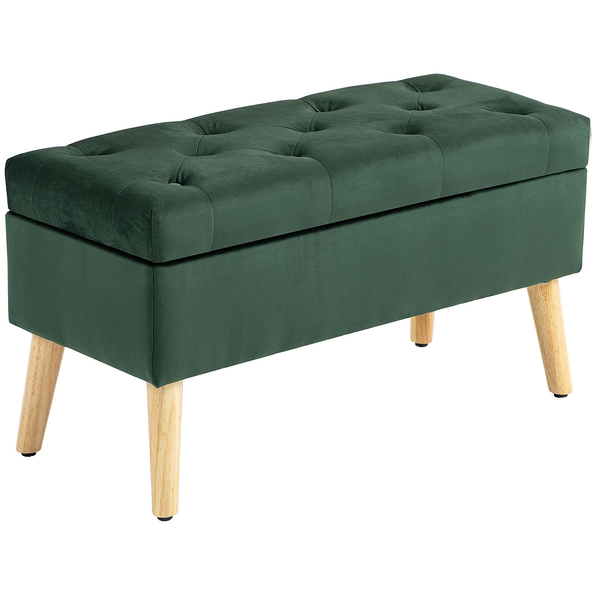 HOMCOM Storage Ottoman with Lid, Velvet Upholstered Storage Bench, Foot Stool with Wood Legs for Living Room, Bedroom, Entryway, 31.5" x 13.8" x 15.7", Dark Green