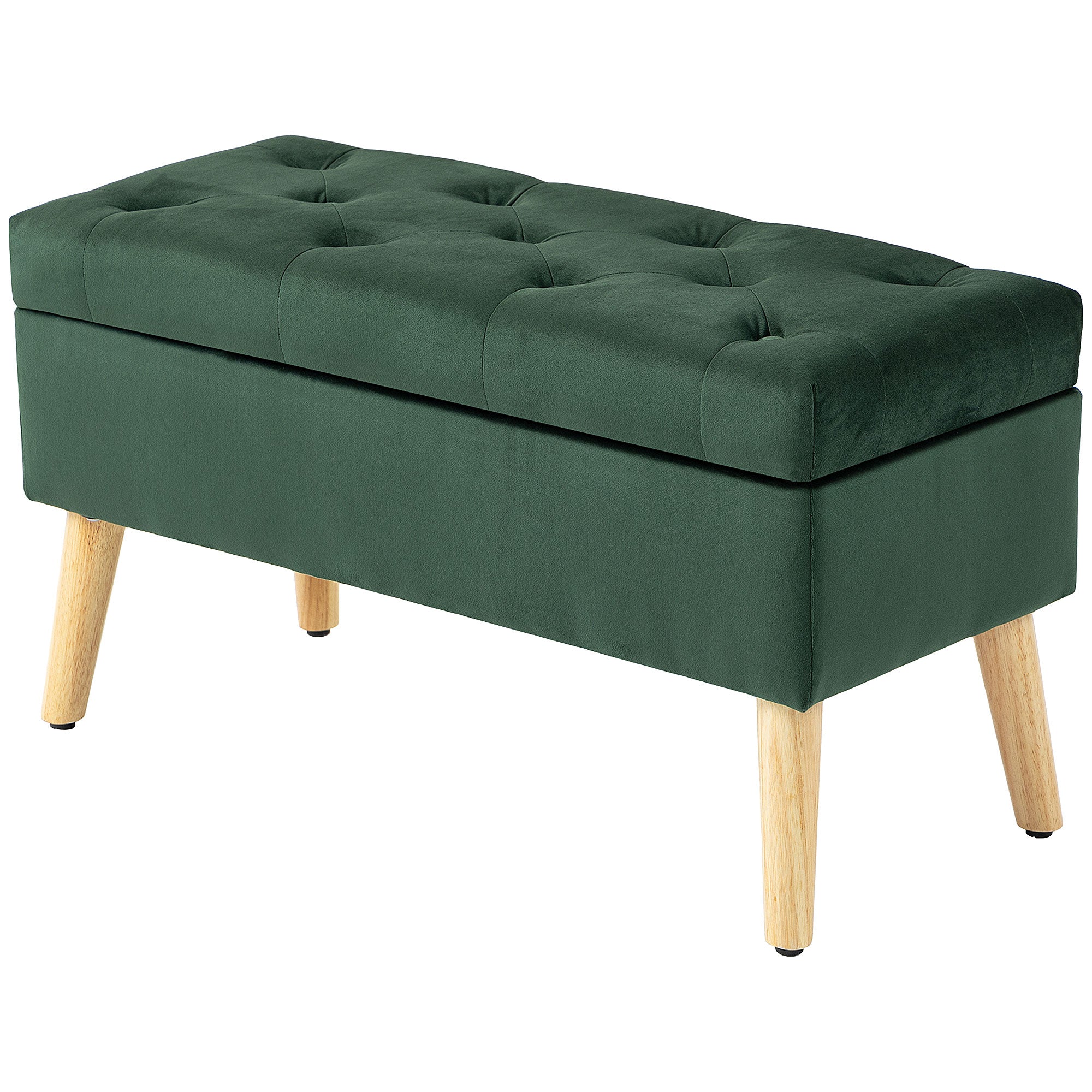 HOMCOM Storage Ottoman with Lid, Velvet Upholstered Storage Bench, Foot Stool with Wood Legs for Living Room, Bedroom, Entryway, 31.5" x 13.8" x 15.7", Dark Green