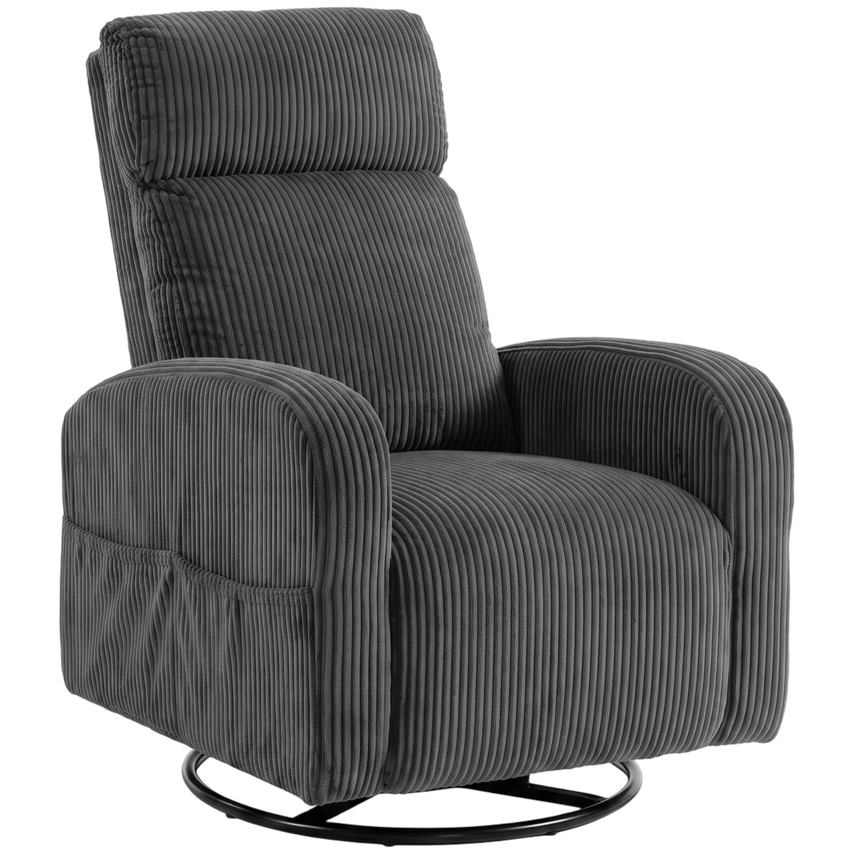 360° Swivel Accent Chair, Modern Armchair with Thick Backrest & Cushion, Corduroy Upholstered Living Room Lounge with Steel Legs for Study, Dark Grey