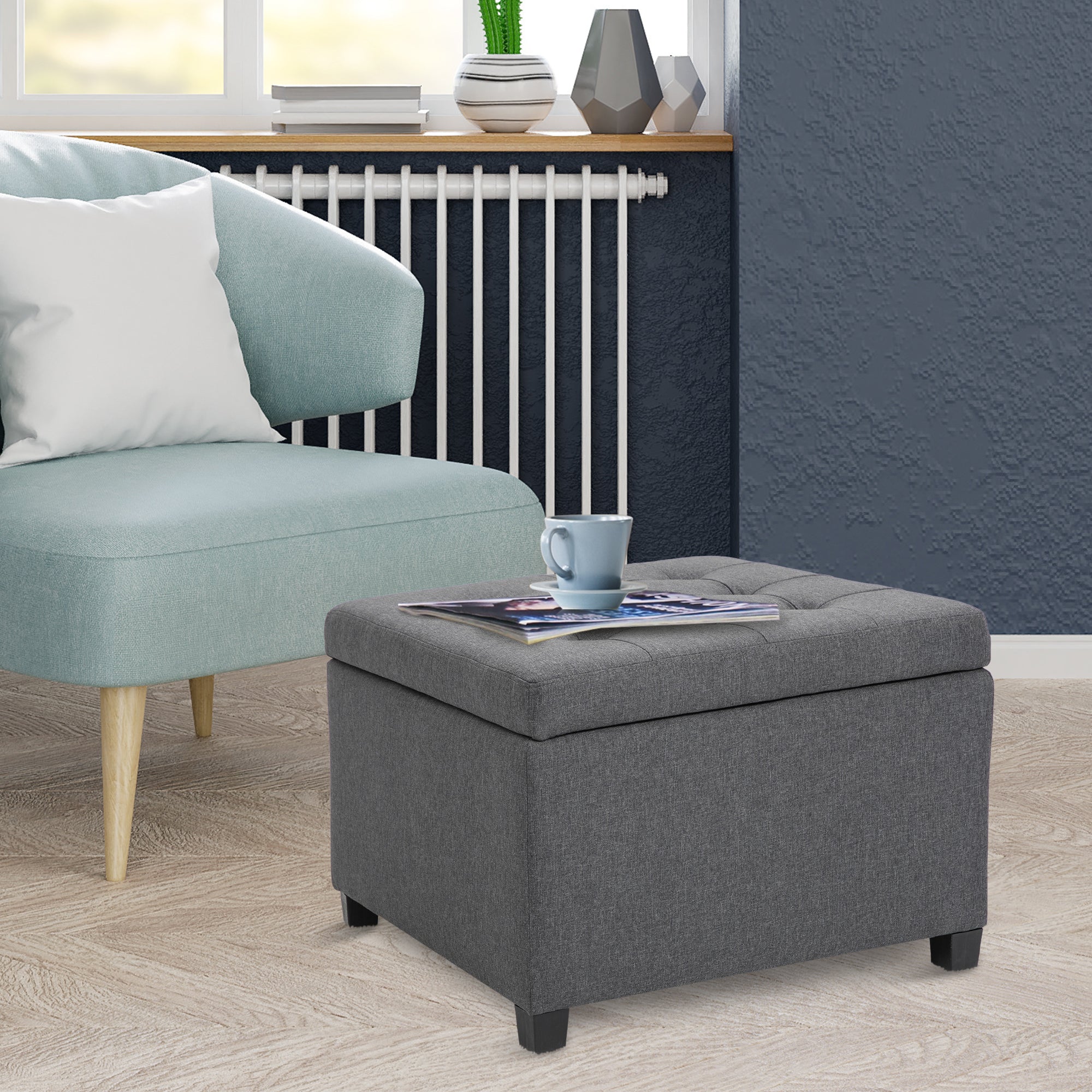 Round Storage Ottoman Bench, Button Tufted Ottoman with Flip Top for Living Room, Entryway and Bedroom, Gray