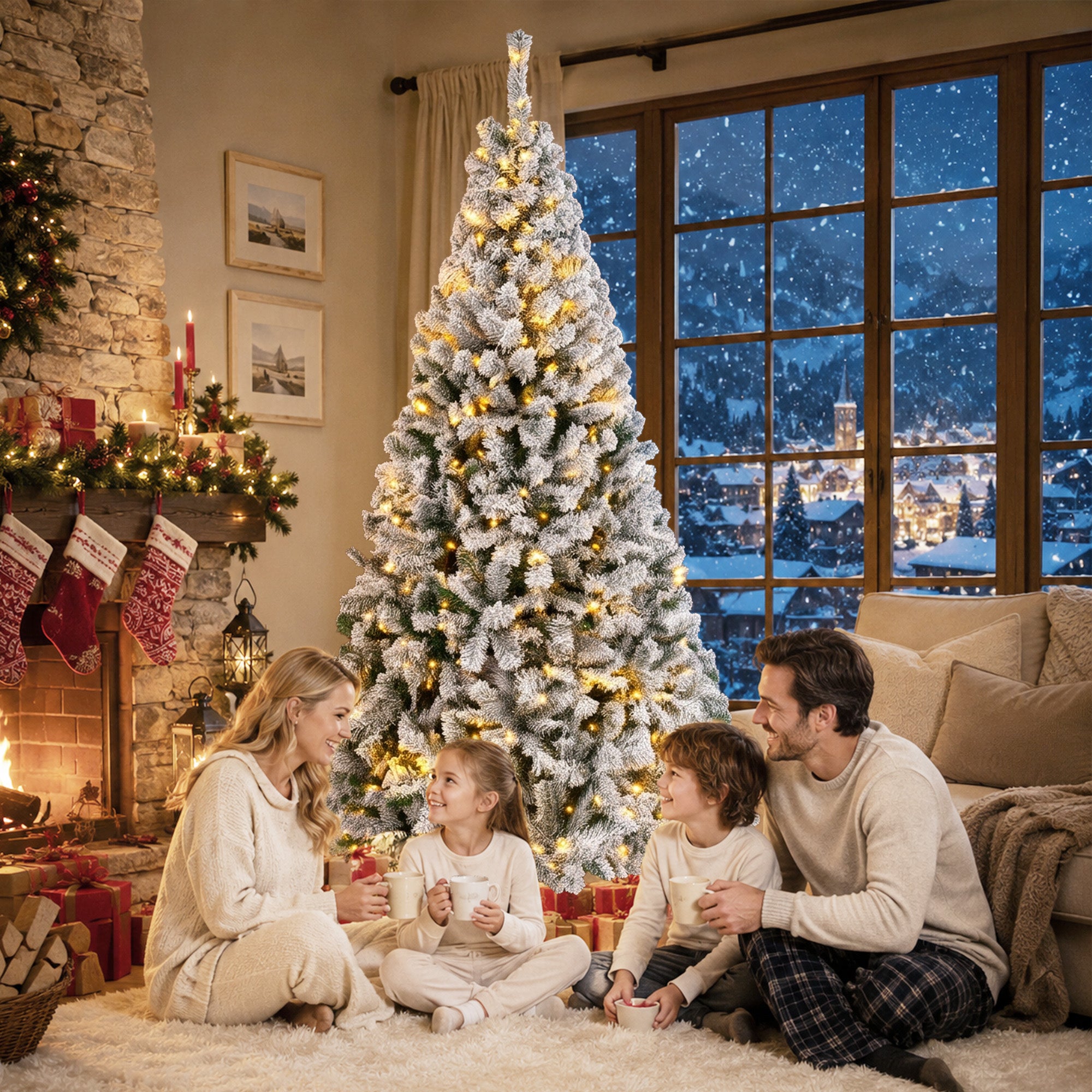 7.5ft Flocked Prelit Christmas Tree, Fraser Fir, Hinged Xmas Tree with 1189 Branch Tips, 400 Warm White LED Lights, Foldable Metal Base for Indoor Holiday Decor, Green White