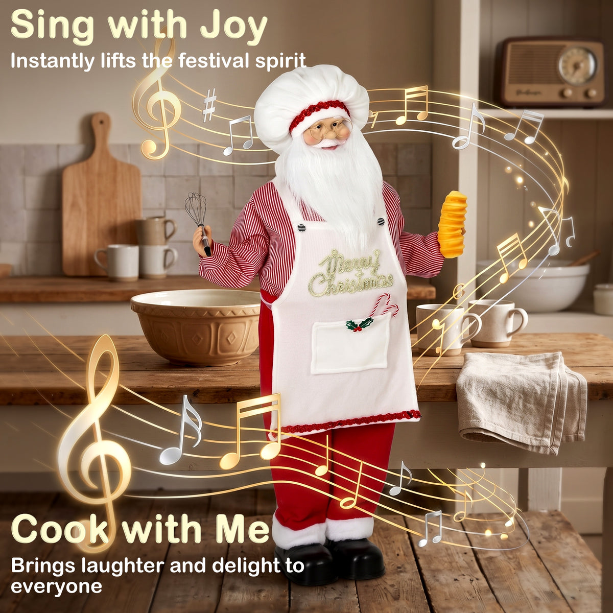 4ft Life Size Singing Cooking Santa Claus, 120 cm Standing Musical Animated Santa with Bread, Head Moving, Posable Arms, Handcrafted, Sound Touch Activated, Moving Christmas Figure Decoration