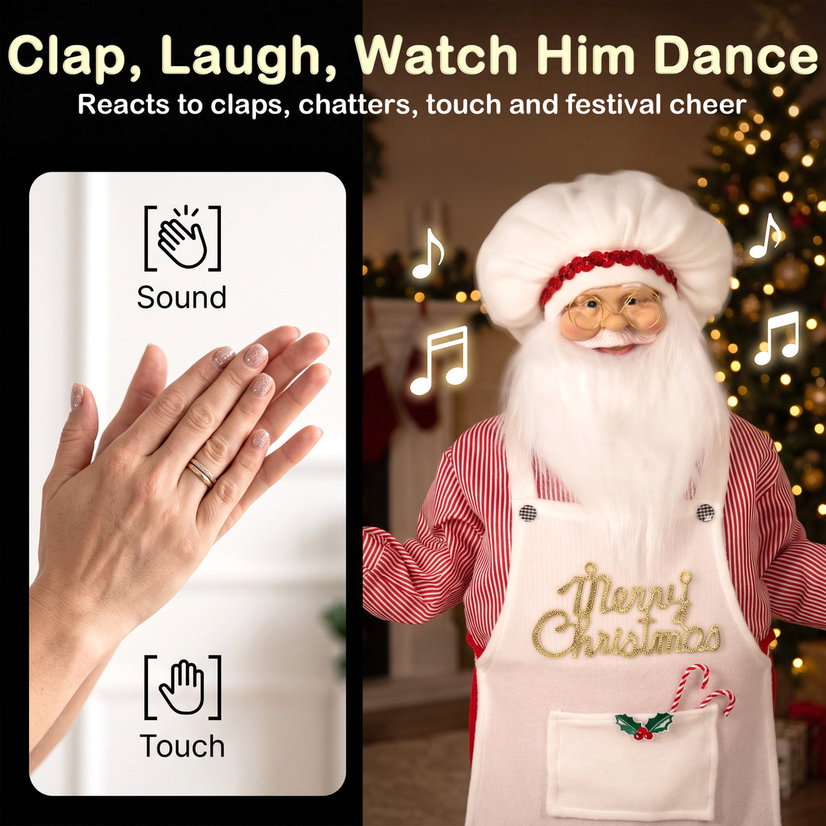 4ft Life Size Singing Cooking Santa Claus, 120 cm Standing Musical Animated Santa with Bread, Head Moving, Posable Arms, Handcrafted, Sound Touch Activated, Moving Christmas Figure Decoration