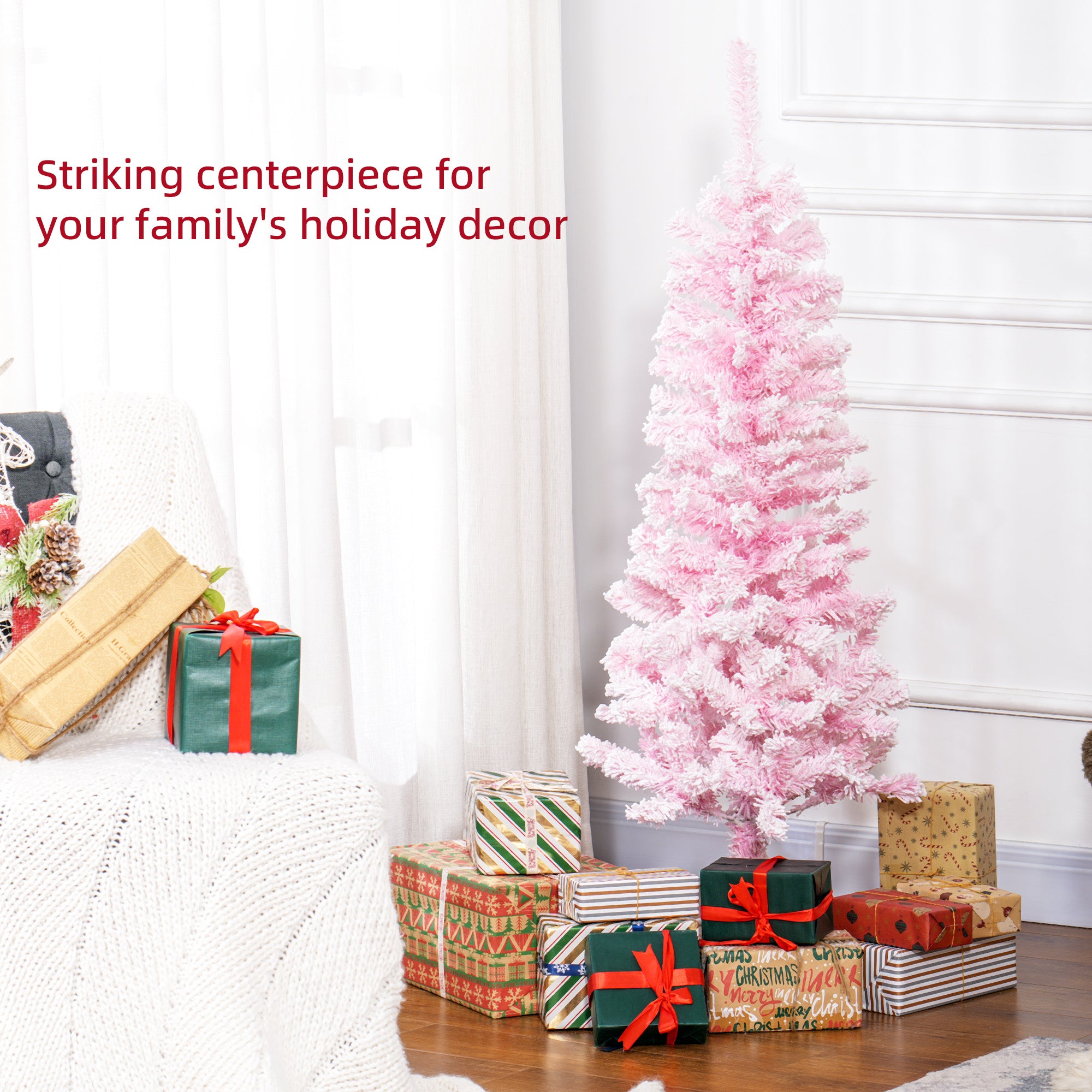 HOMCOM 4 FT Snow Flocked Artificial Christmas Tree, Pencil Xmas Tree with Realistic Branches, Auto Open and Steel Base, Pink