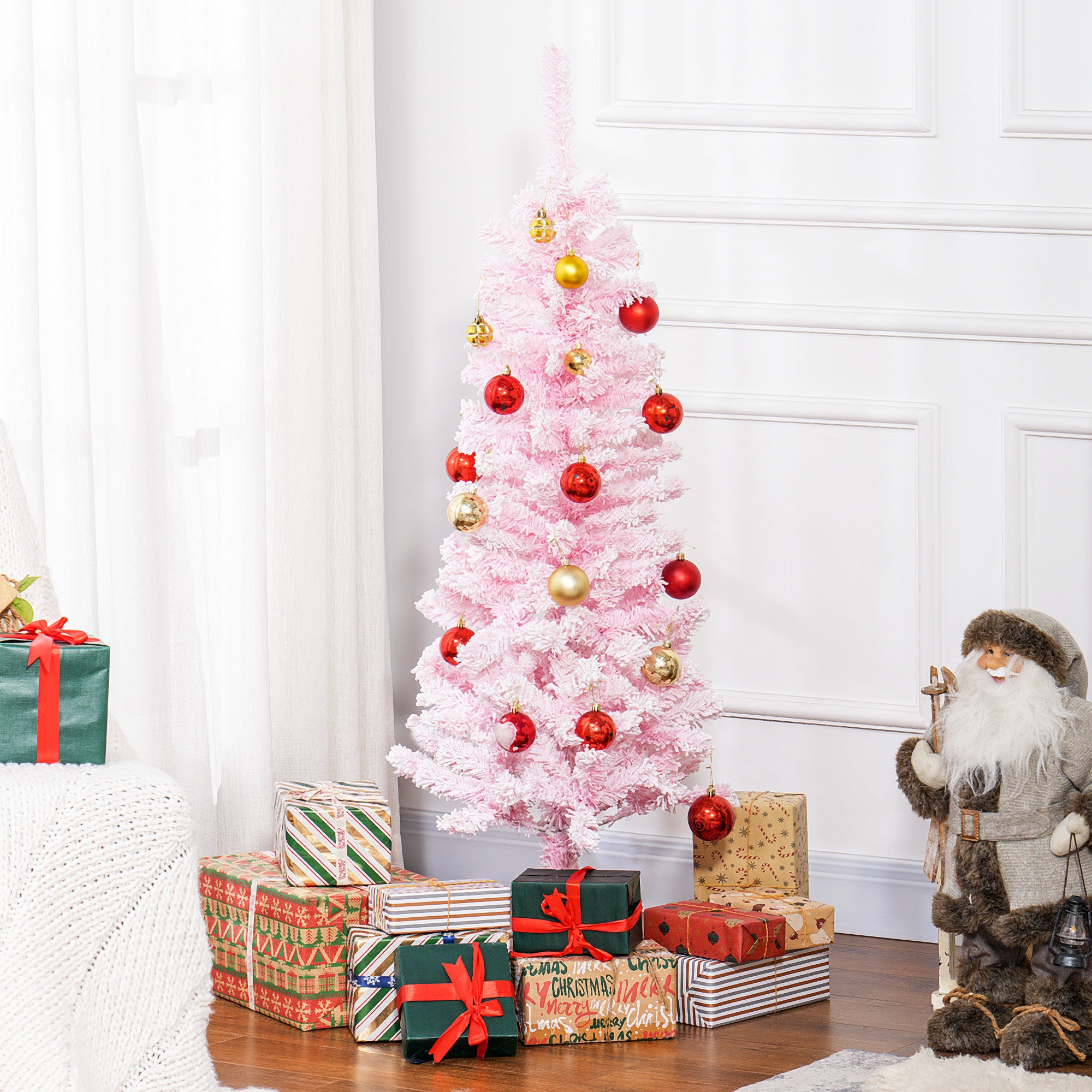 HOMCOM 4 FT Snow Flocked Artificial Christmas Tree, Pencil Xmas Tree with Realistic Branches, Auto Open and Steel Base, Pink