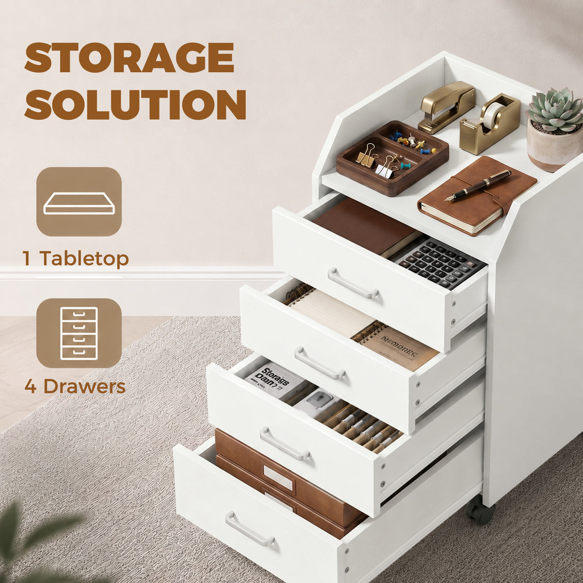 4-Drawer File Cabinet with Lockable Wheels, Vertical Mobile Filing Cabinet, Rolling Printer Stand with Tabletop for Home Office, White