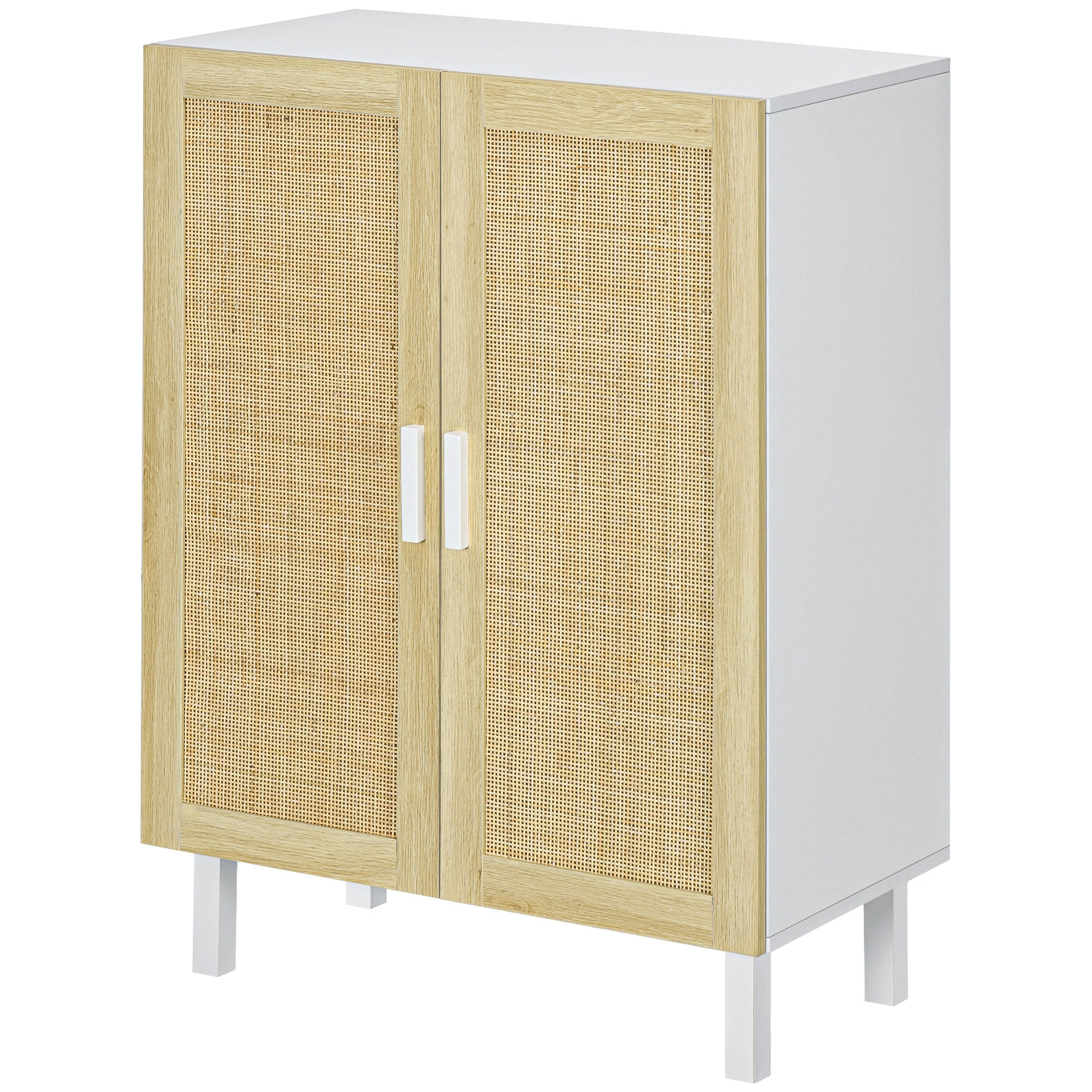 Boho Kitchen Cabinet Buffet Cabinet with 2 Rattan Doors and Adjustable Shelves White and Natural