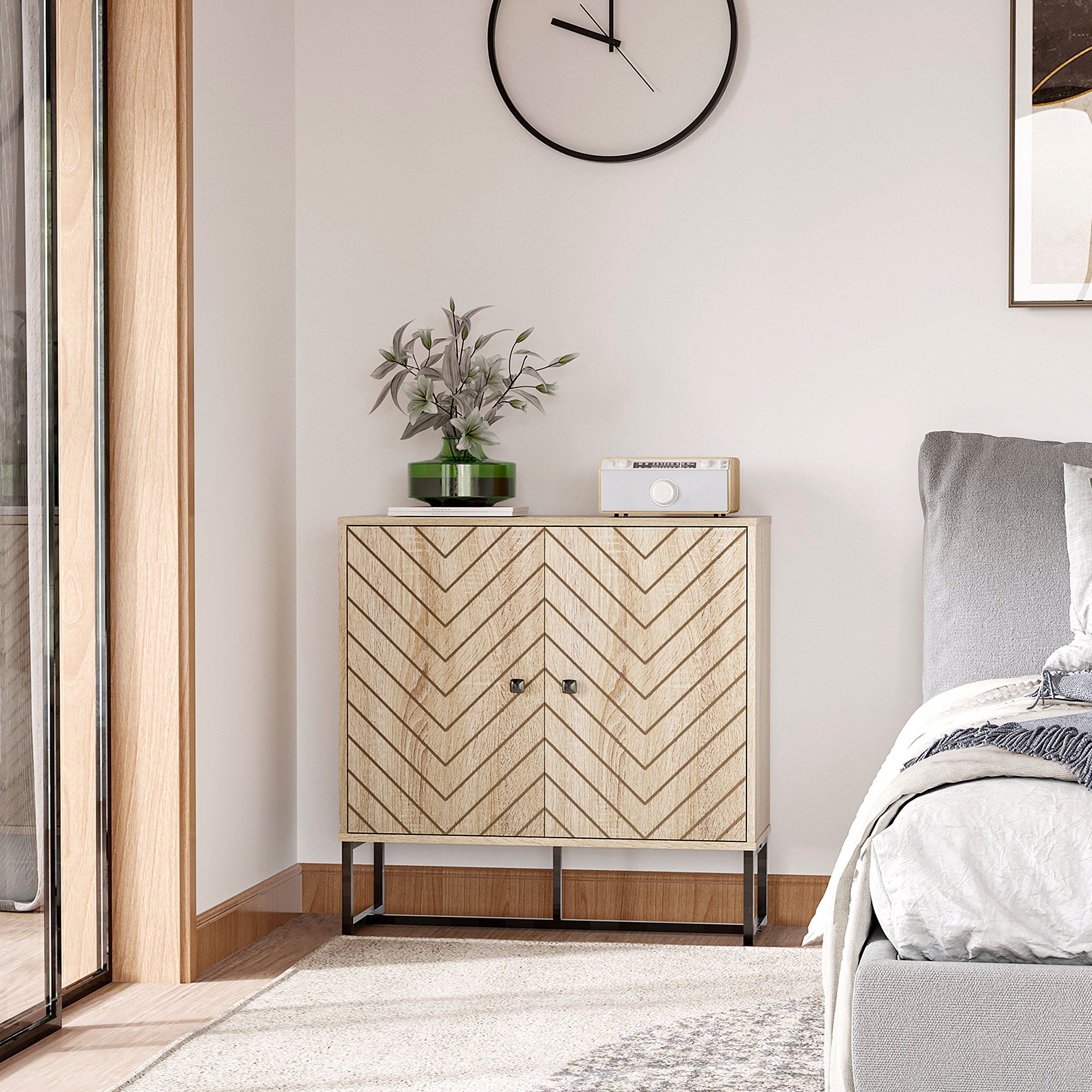 Modern Sideboard, 31.5" Buffet Cabinet with Adjustable Shelf, Coffee Bar Cabinet with Steel Base and 2 Chevron Doors, Natural Wood