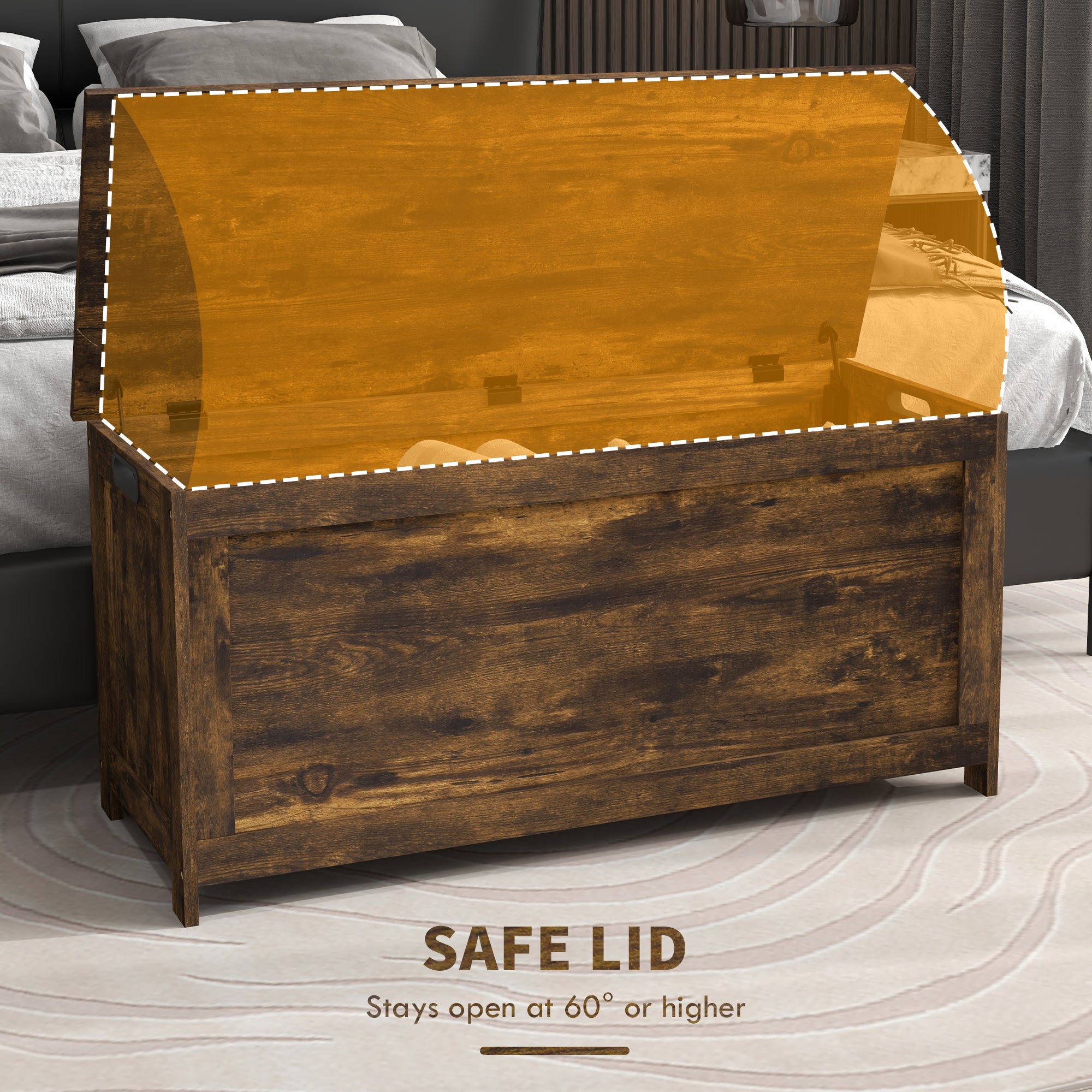 39.4" Storage Trunk w/ 2 Safety Hinges, Wooden Storage Bench w/ Side Handles, Storage Chest for Playroom, Rustic Brown