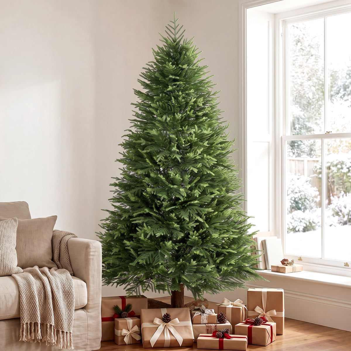 7ft Artificial Christmas Tree, Hinged Xmas Tree with Dense 1071 PE & PVC Branch Tips, Realistic Fir Wood Base, Auto Open for Home Office Decor, Green