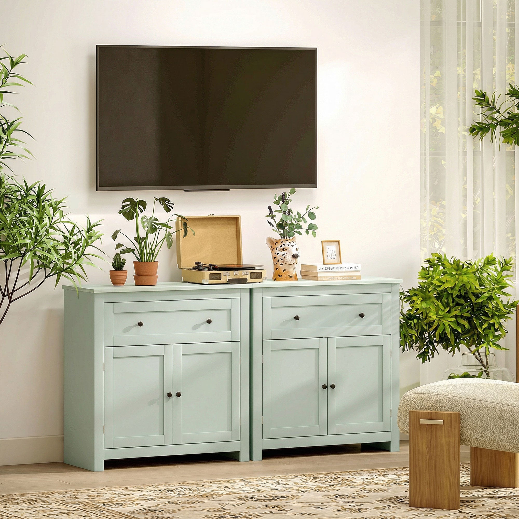 Sideboard Storage Cabinet, Modern Kitchen Cupboard with Adjustable Shelf, Drawer and Double Doors, Sideboard for Living Room, Dining Room, Hallway, Green