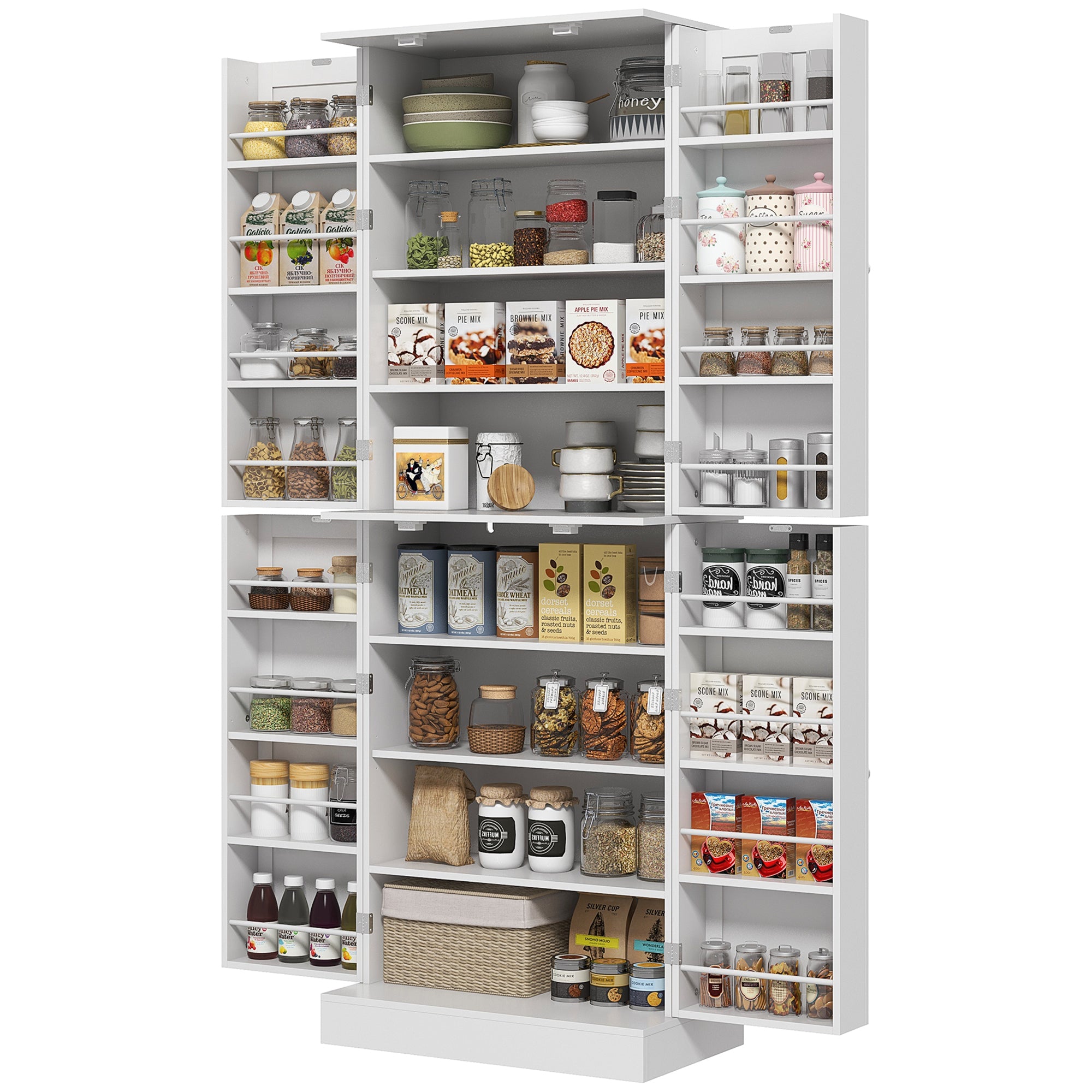 65" Kitchen Cabinet, Kitchen Pantry Cabinet with 4 Doors and 16 Door Shelves for Dining Room, White