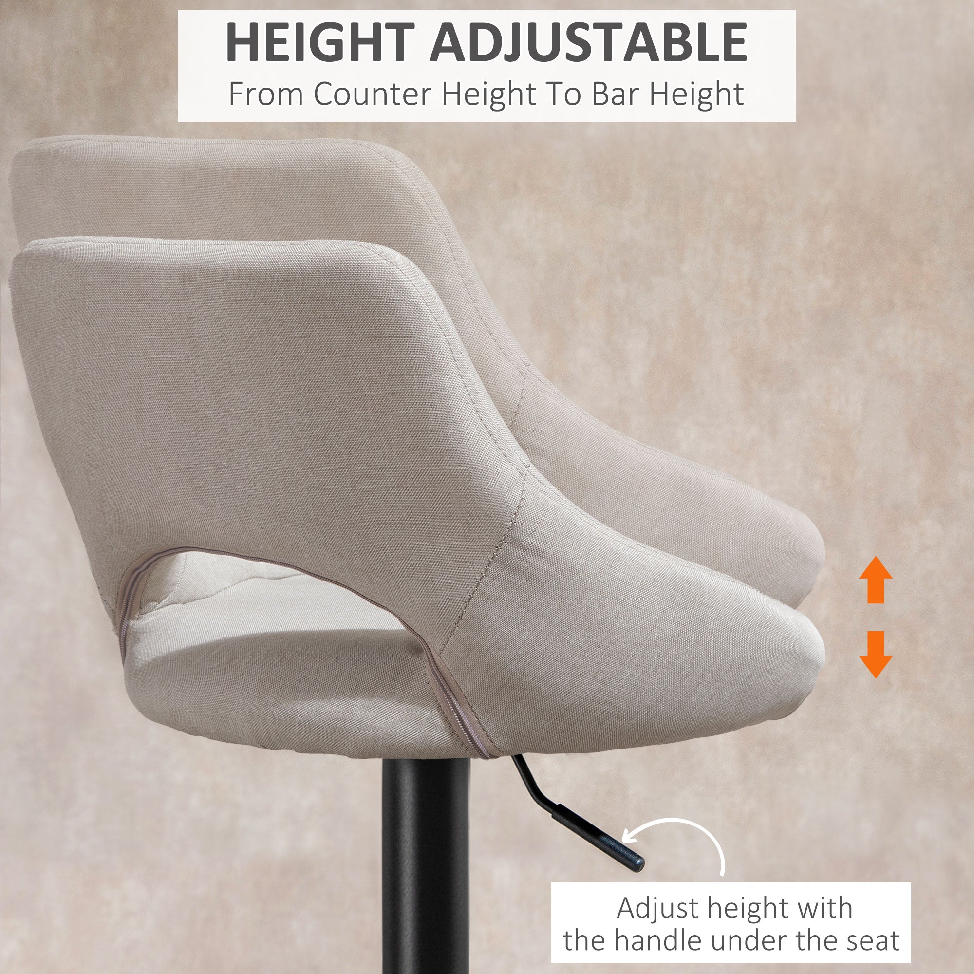 HOMCOM Bar Stools Set of 2, Swivel Counter Height Barstools with Adjustable Height, Linen Upholstered Bar Chairs with Round Metal Base and Footrest, Cream