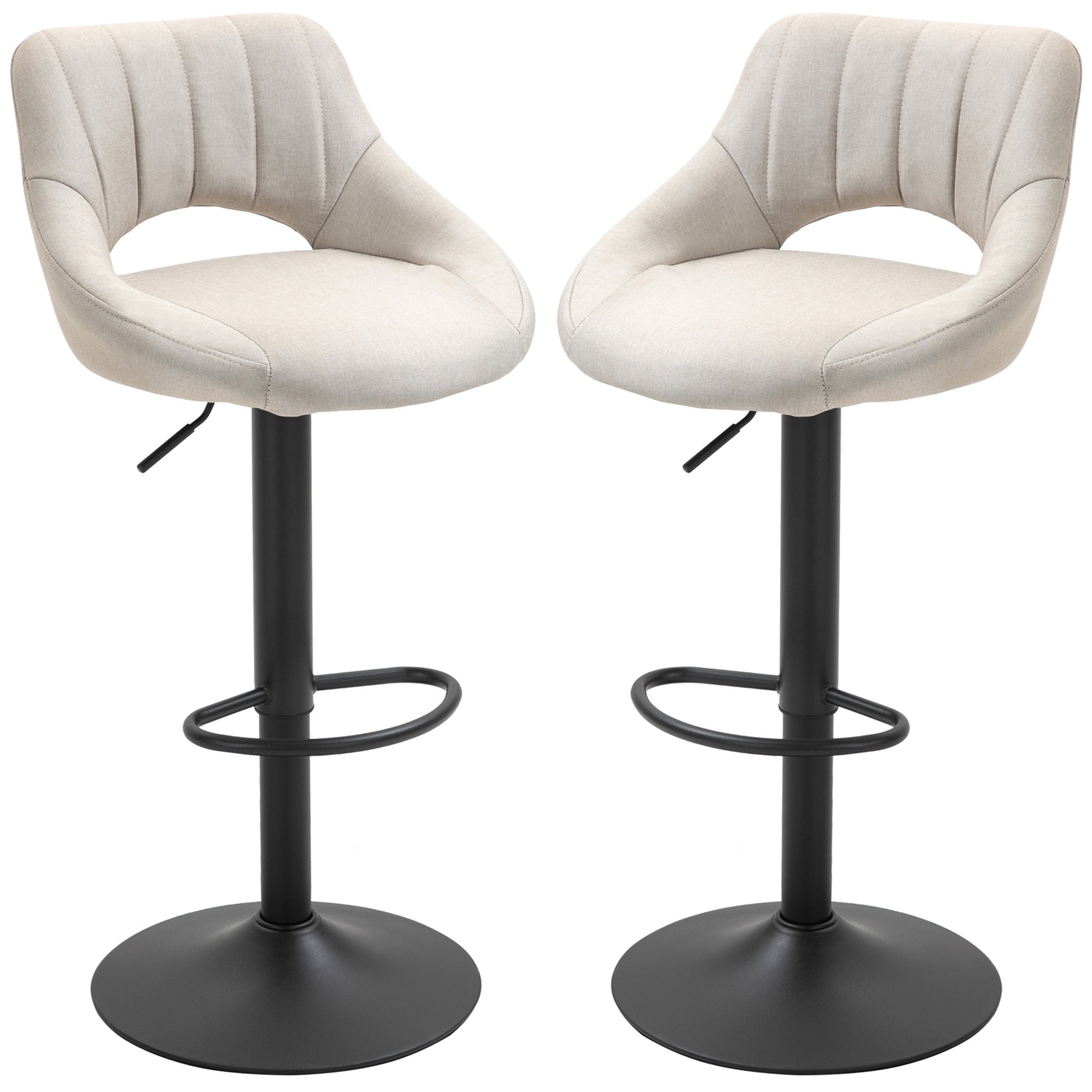 HOMCOM Bar Stools Set of 2, Swivel Counter Height Barstools with Adjustable Height, Linen Upholstered Bar Chairs with Round Metal Base and Footrest, Cream