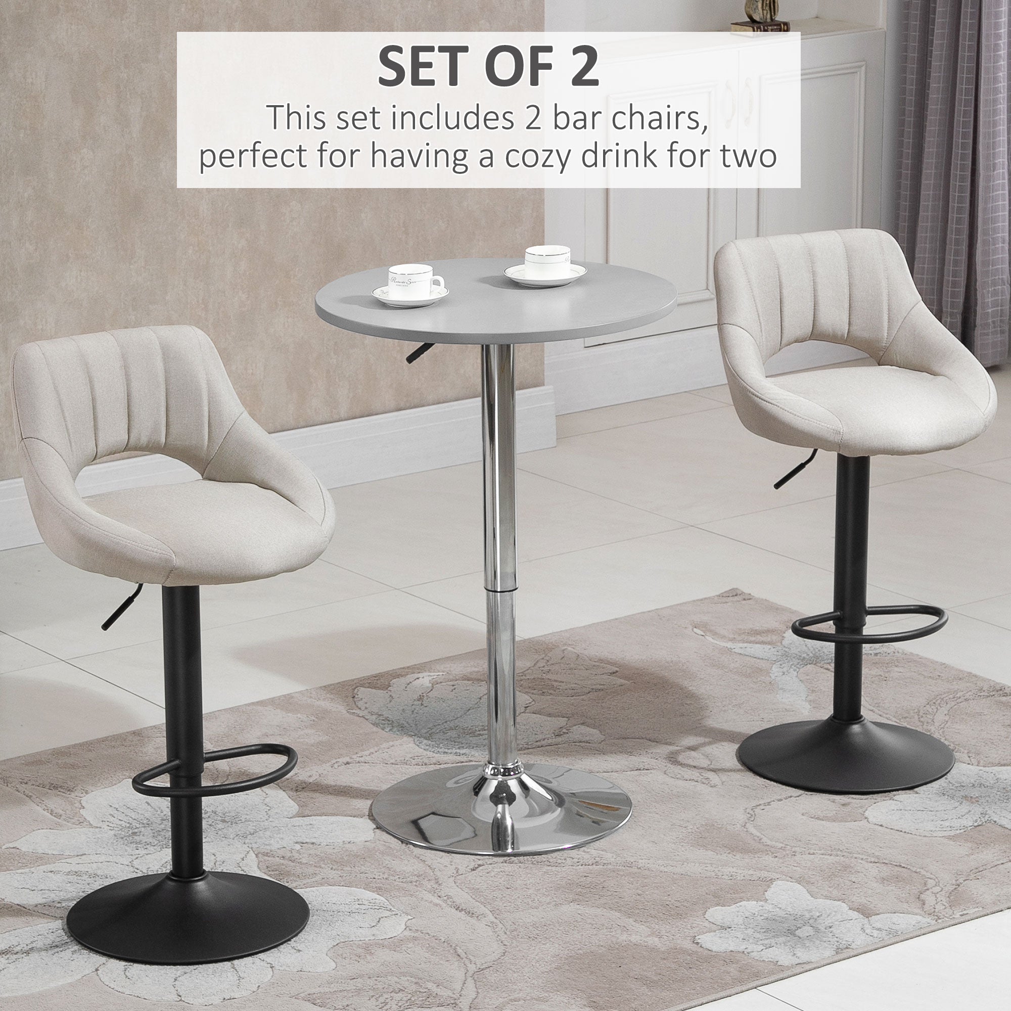 HOMCOM Bar Stools Set of 2, Swivel Counter Height Barstools with Adjustable Height, Linen Upholstered Bar Chairs with Round Metal Base and Footrest, Cream