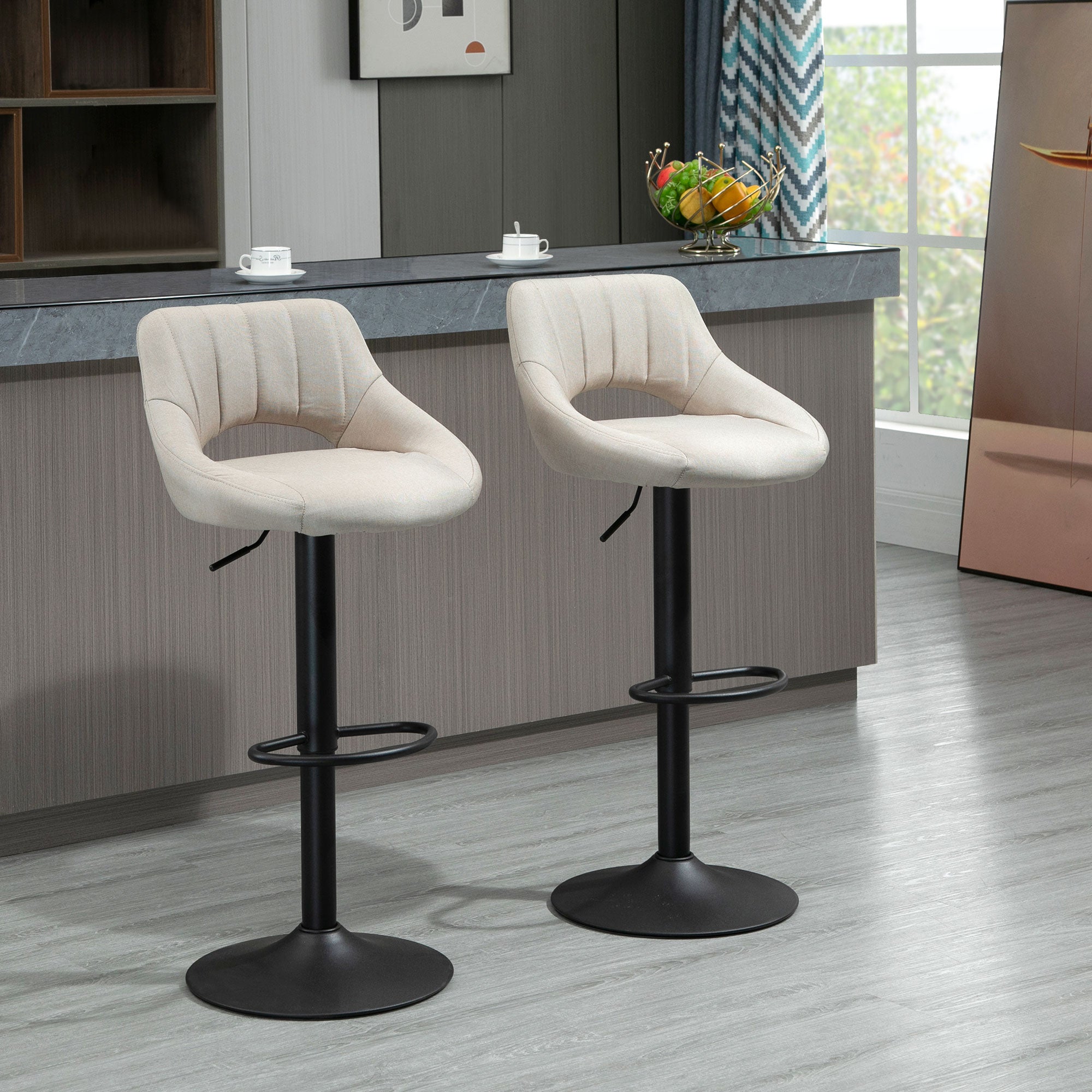 HOMCOM Bar Stools Set of 2, Swivel Counter Height Barstools with Adjustable Height, Linen Upholstered Bar Chairs with Round Metal Base and Footrest, Cream
