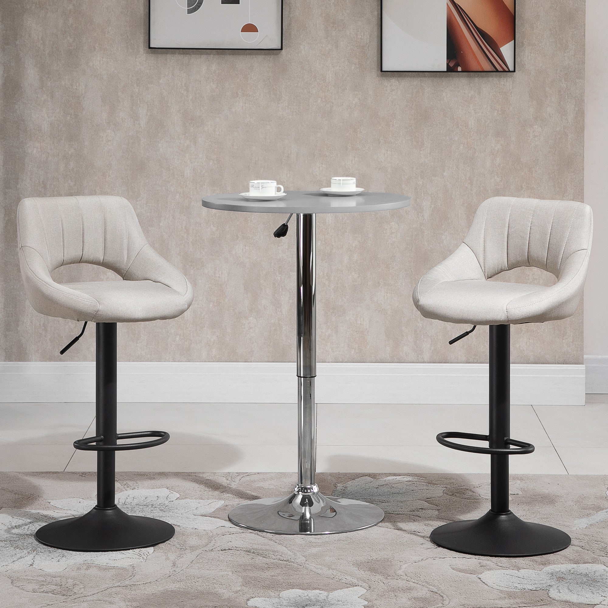 HOMCOM Bar Stools Set of 2, Swivel Counter Height Barstools with Adjustable Height, Linen Upholstered Bar Chairs with Round Metal Base and Footrest, Cream