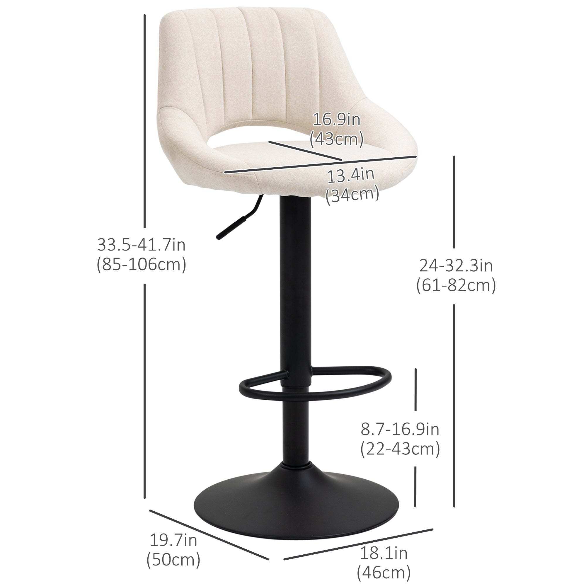 HOMCOM Bar Stools Set of 2, Swivel Counter Height Barstools with Adjustable Height, Linen Upholstered Bar Chairs with Round Metal Base and Footrest, Cream