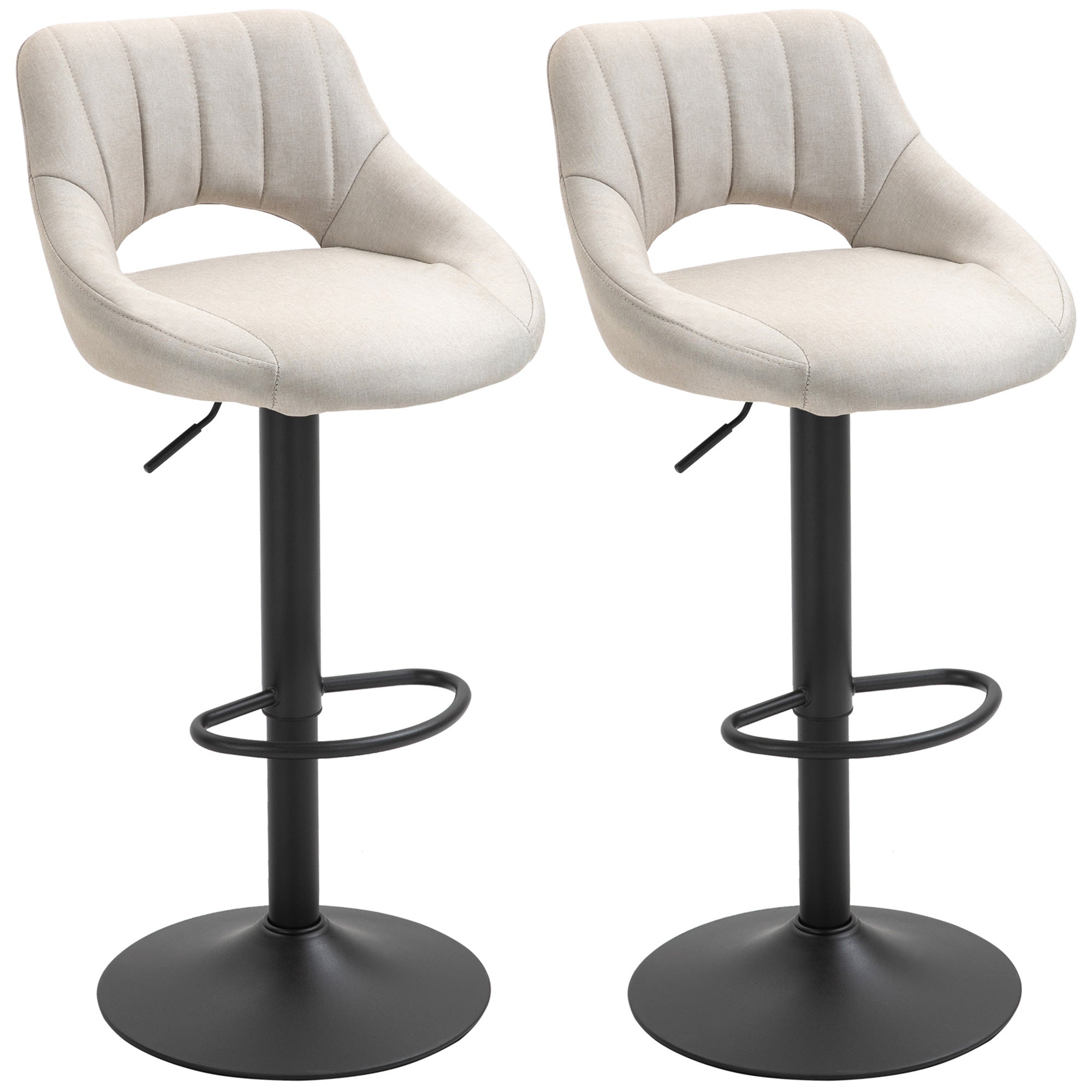 HOMCOM Bar Stools Set of 2, Swivel Counter Height Barstools with Adjustable Height, Linen Upholstered Bar Chairs with Round Metal Base and Footrest, Cream