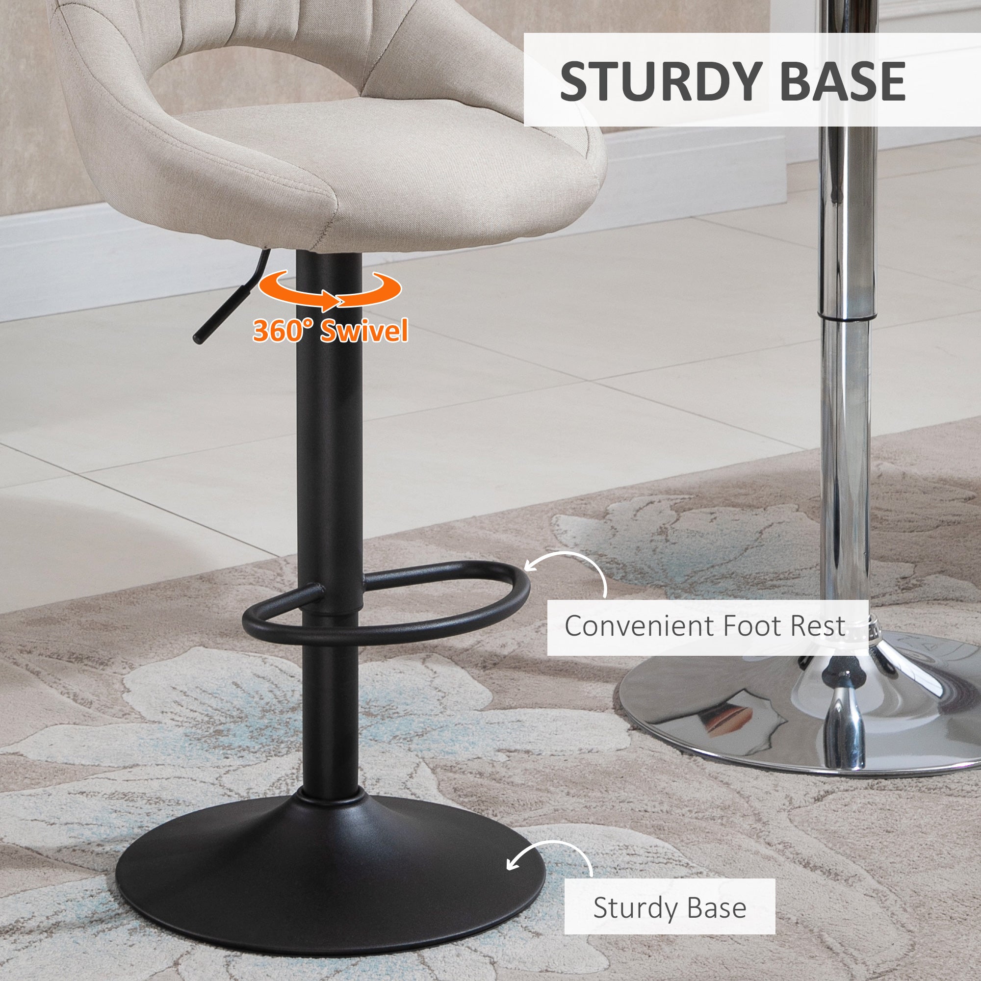 HOMCOM Bar Stools Set of 2, Swivel Counter Height Barstools with Adjustable Height, Linen Upholstered Bar Chairs with Round Metal Base and Footrest, Cream