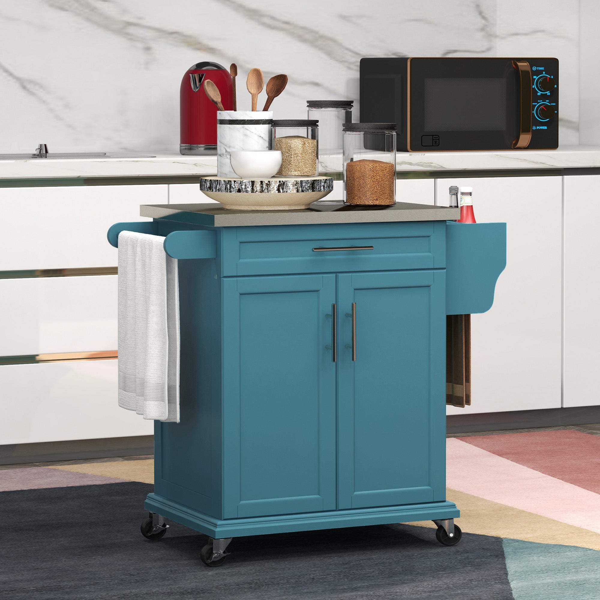 Kitchen Island with Wheels, Rolling Kitchen Island with Storage, Stainless Steel Countertop for Dining Room, Blue