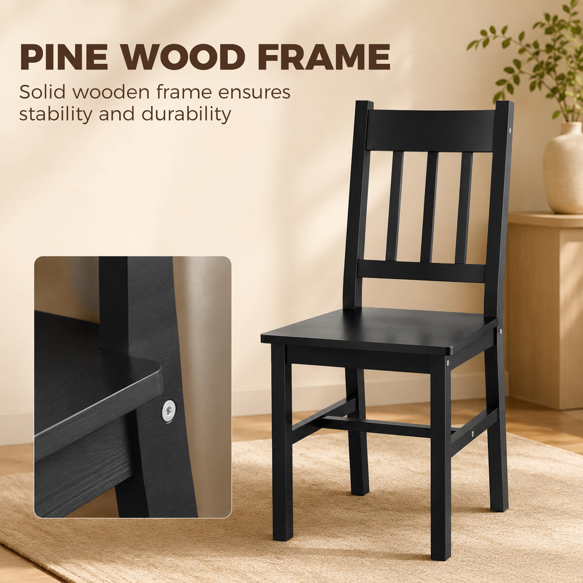 Dining Chairs Set of 2, Kitchen Chair with Slat Back, Pine Wood Structure for Living Room and Dining Room, Black