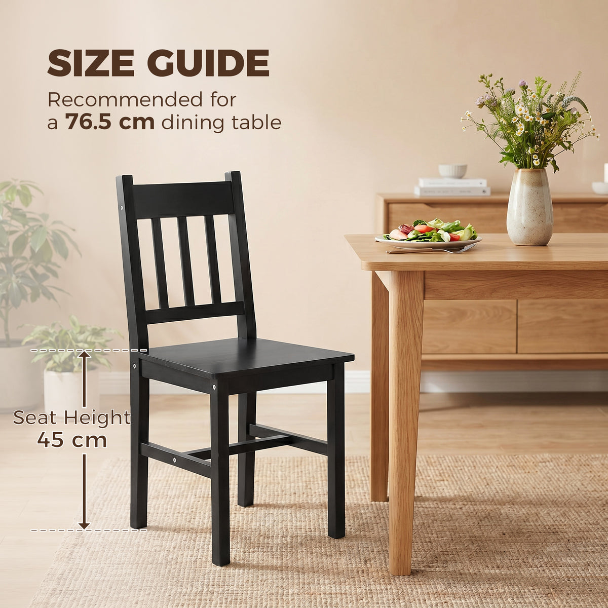 Dining Chairs Set of 2, Kitchen Chair with Slat Back, Pine Wood Structure for Living Room and Dining Room, Black