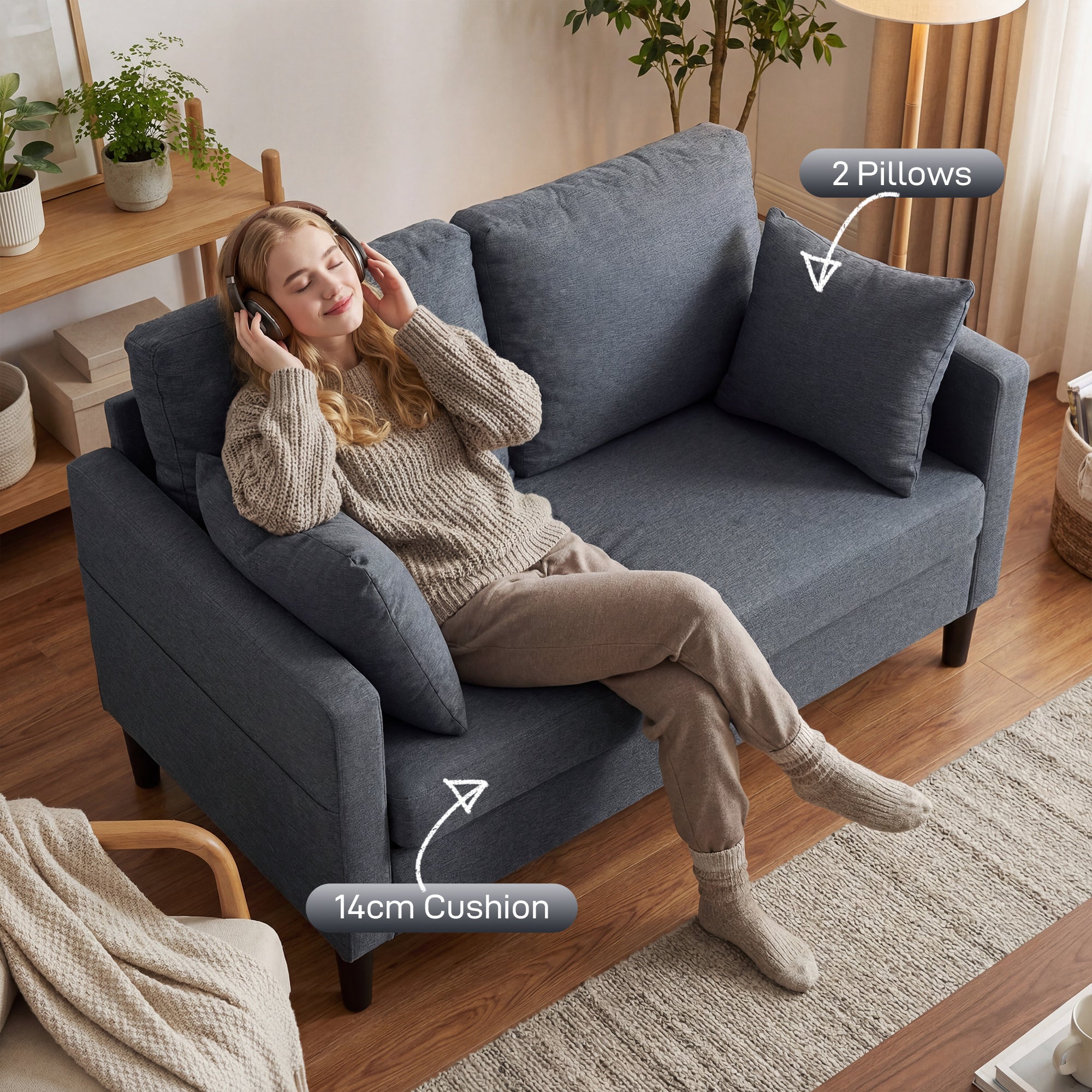 55" Loveseat Sofa, Modern Linen Upholstered Couch with Spring Cushion, 2 Pillows, 2 Seater Sofa for Living Room, Bedroom, Home Office, Dark Grey