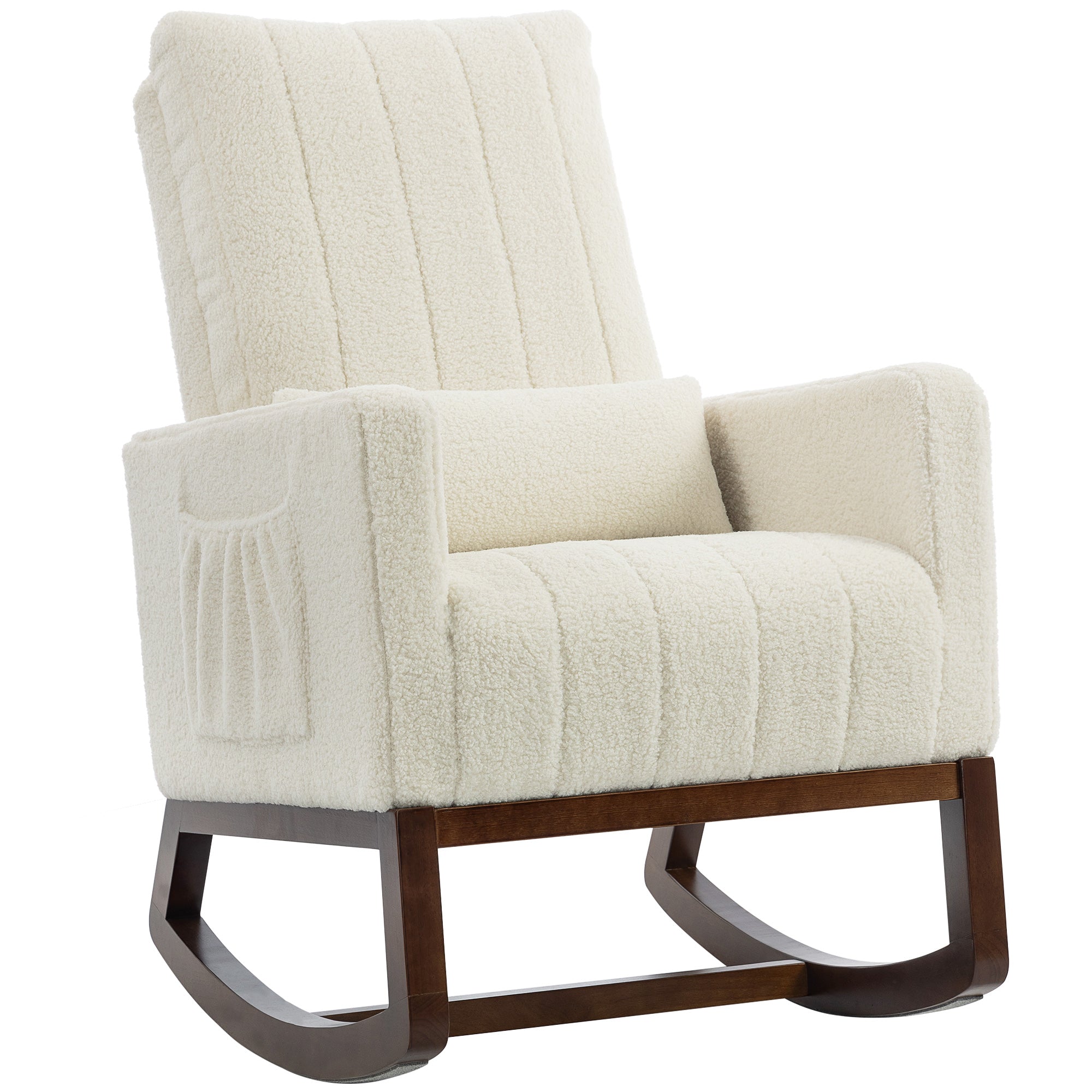 Rocking Chair for Adults, Snow Flannel Upholstered Accent Armchair with Lumbar Pillow, High Back, Wood Base, Side Pockets, Leisure Rocker Lounge Chair for Living Room, Bedroom, Cream White