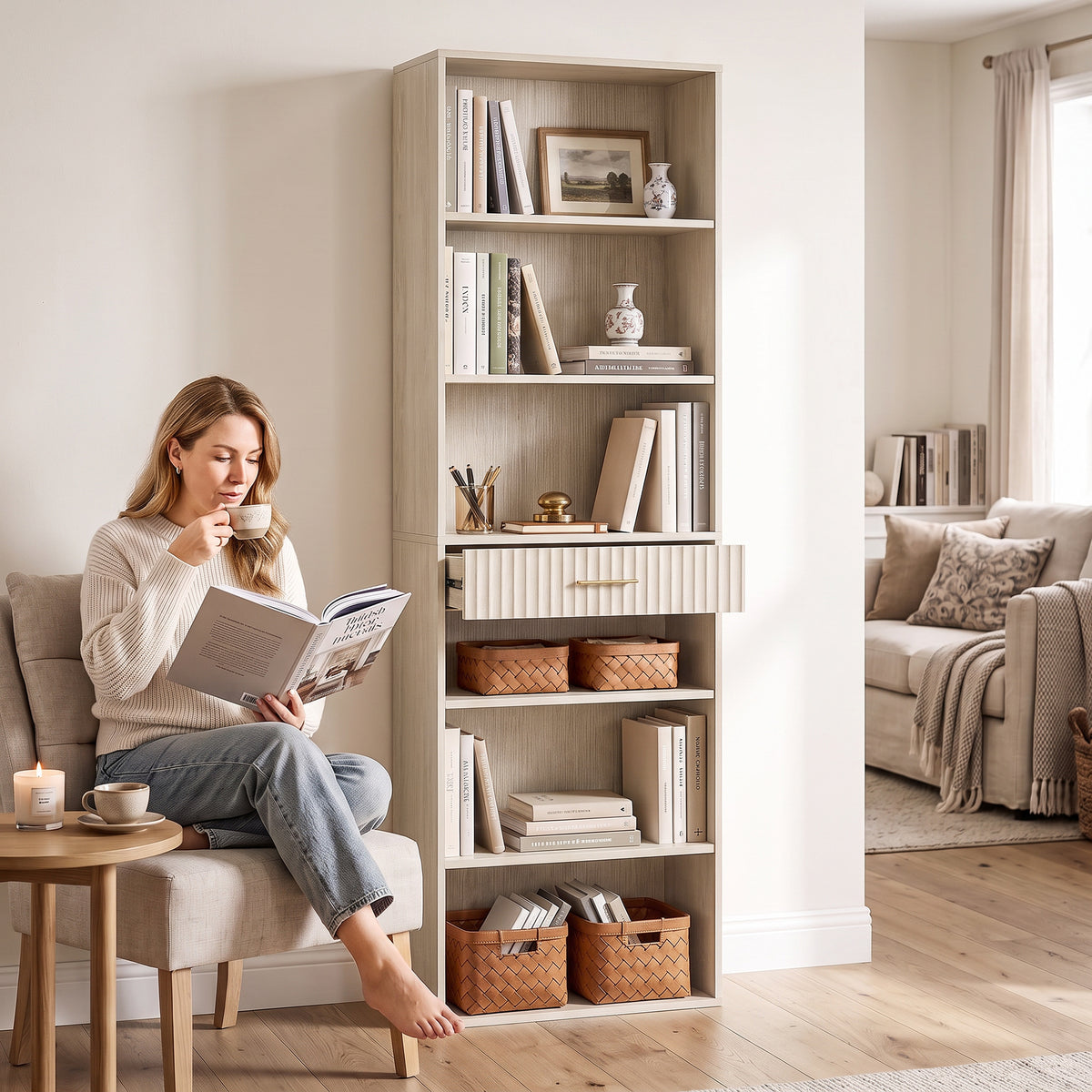 Tall Bookcase with Cubes, 7-Tier Bookshelf with Drawer, Freestanding Shelving Unit, 60 x 24 x 182 cm, Space-Saving for Study, Home Office, Living Room, Oak Wood Effect