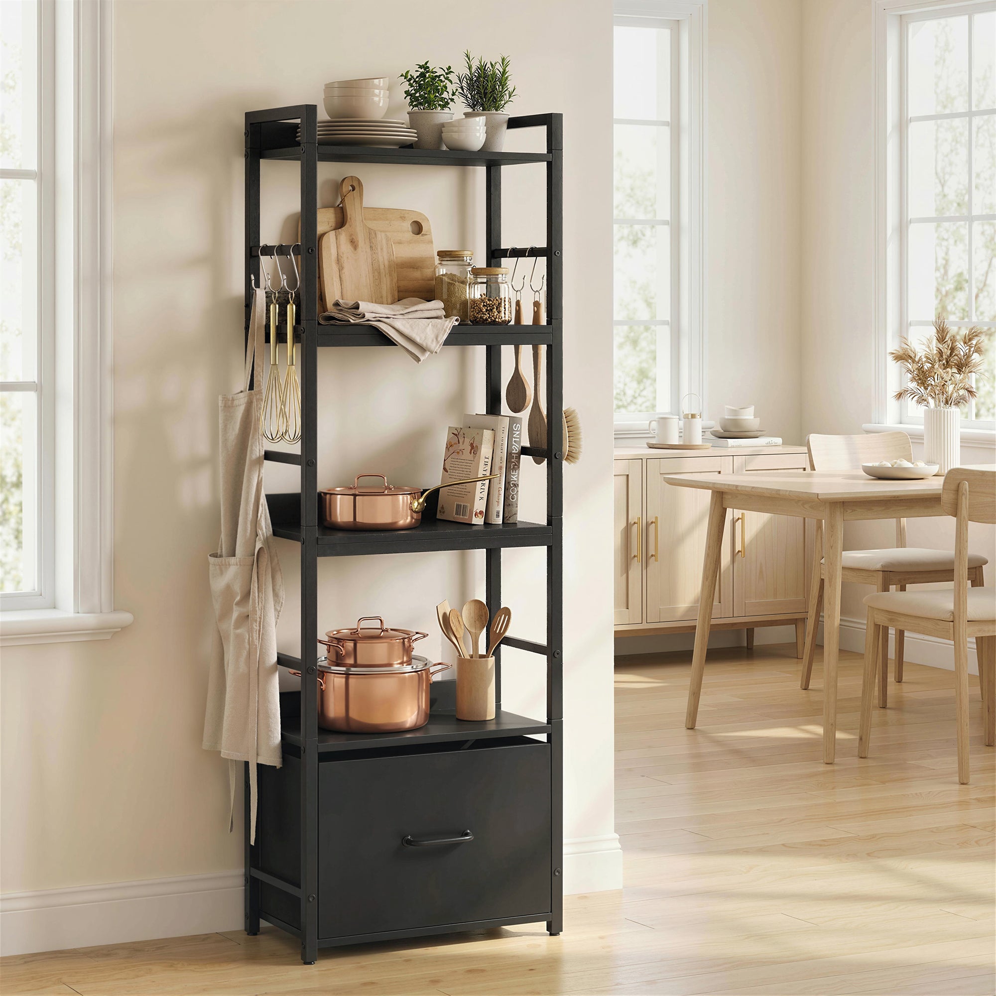 4-Tier Bookshelf, Narrow Bookcase with Drawer, 8 Hooks, Metal Frame, Shelving Unit for Living Room, Bedroom, Home Office, 39 x 26 x 136.5 cm, Black